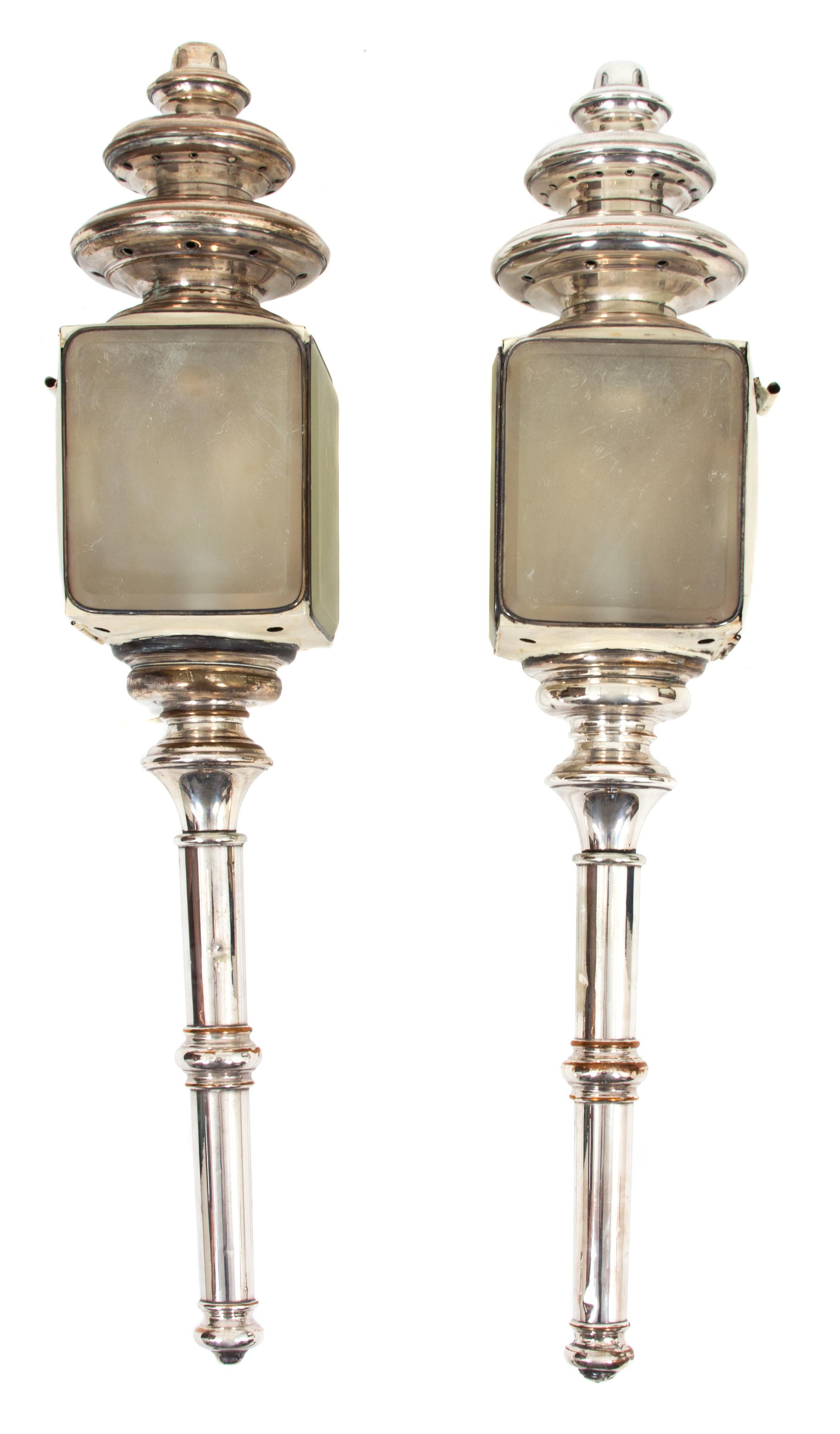 A Pair of Brass and Tin Carriage Lamps Height 37 x width 7 x depth 7 inches. — WARNER & CO., PHILADELPHIA, 20TH CENTURY