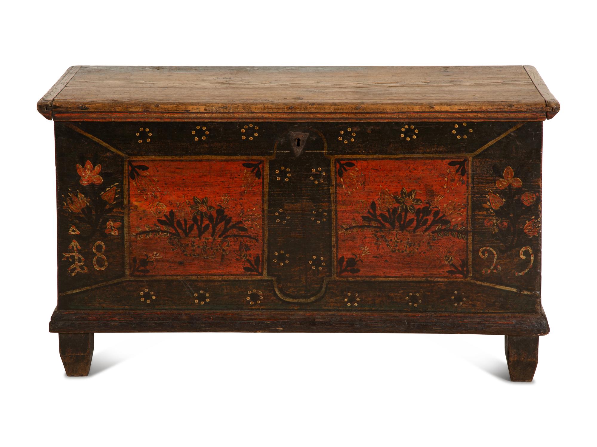 A German Painted Oak Wedding Chest with Floral Decoration