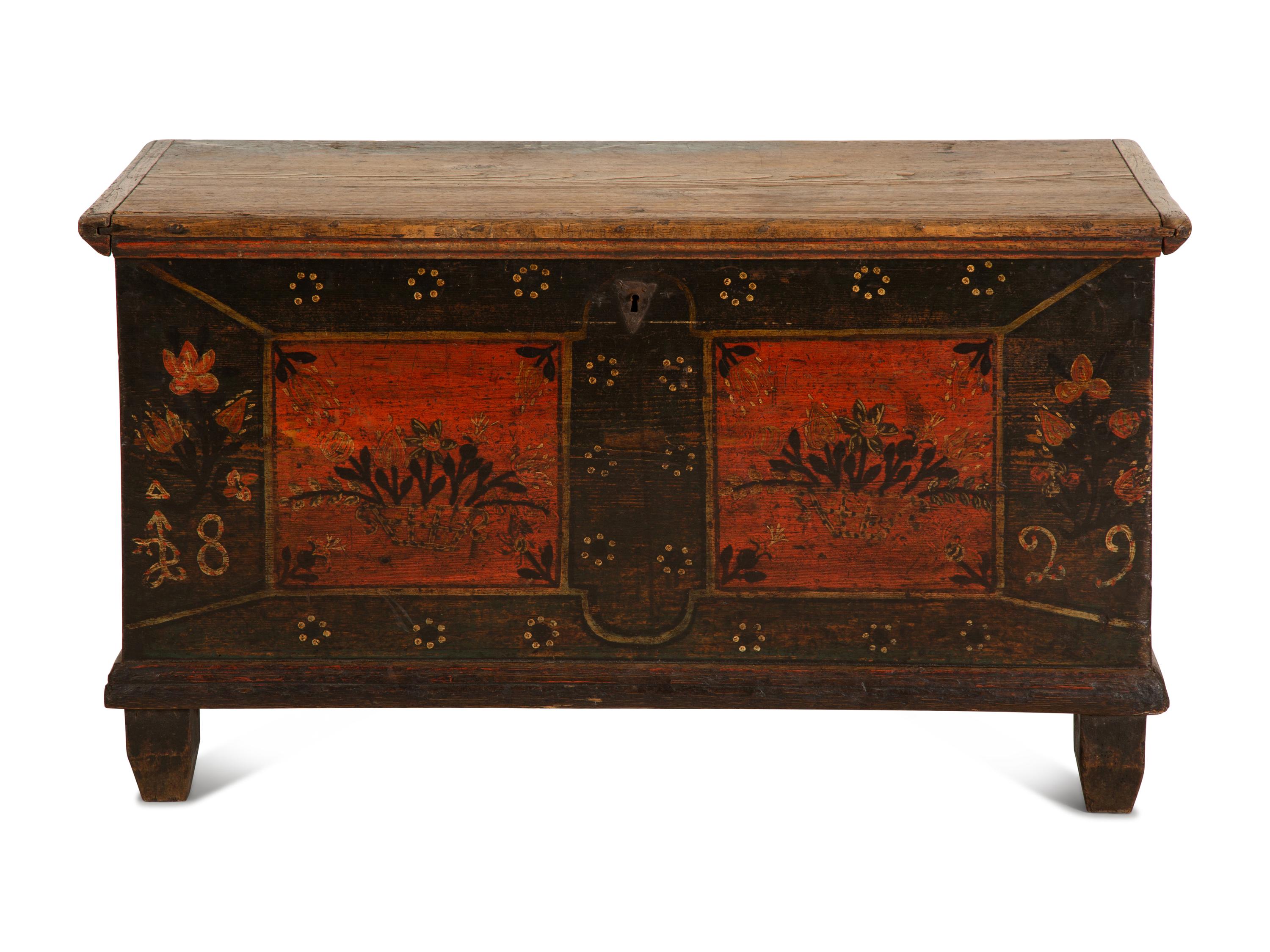 A German Painted Oak Wedding Chest with Floral Decoration