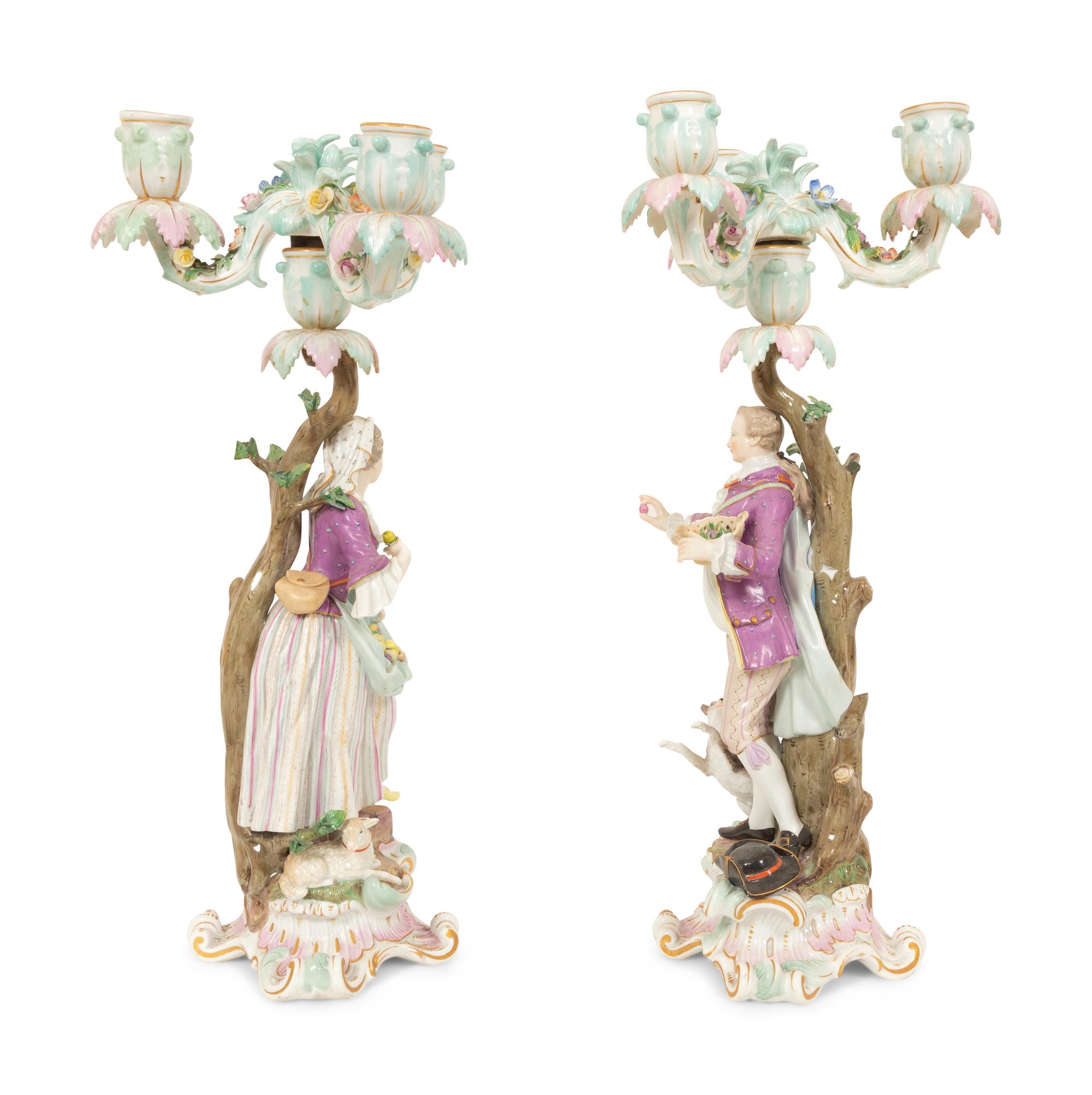 A Pair of Meissen Porcelain Figural Candelabra
