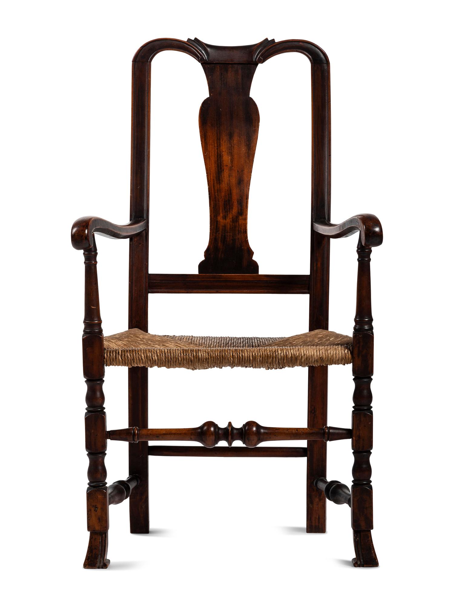 A Queen Anne Transitional Carved Maple Rush-Seat Spanish-Foot Armchair