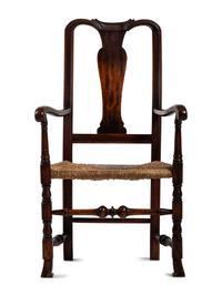 A Queen Anne Transitional Carved Maple Rush-Seat Spanish-Foot Armchair