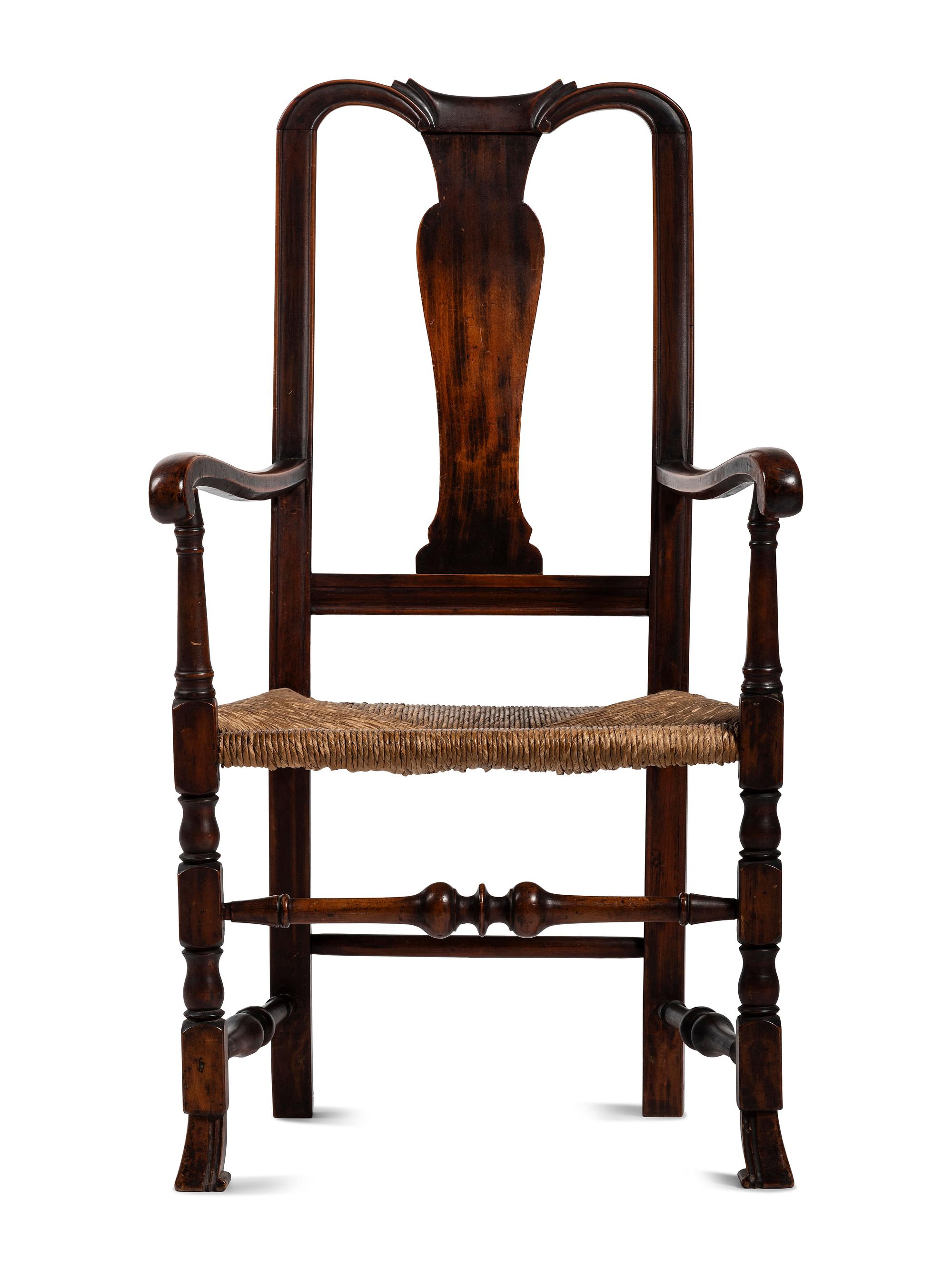 A Queen Anne Transitional Carved Maple Rush-Seat Spanish-Foot Armchair