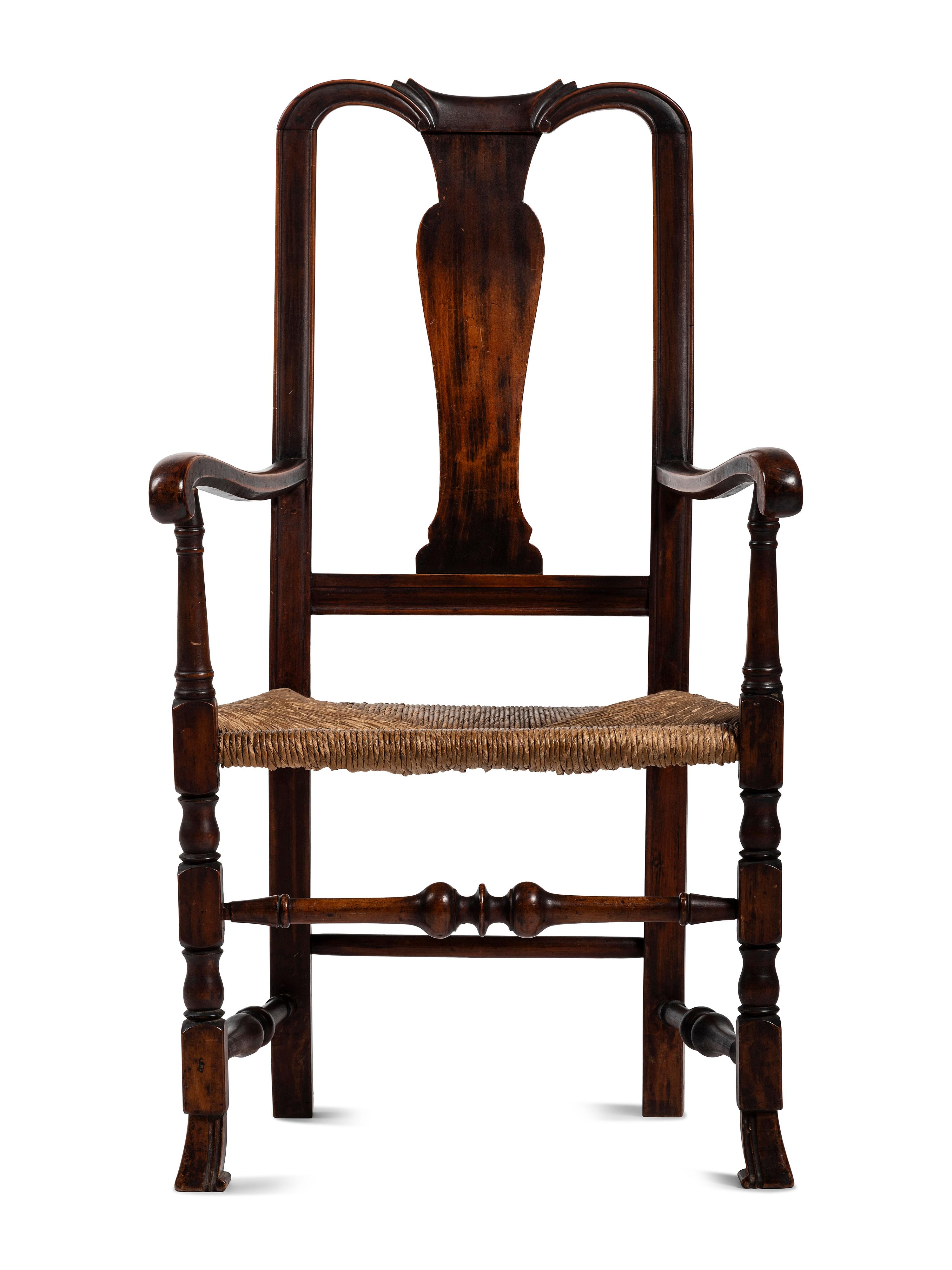 A Queen Anne Transitional Carved Maple Rush-Seat Spanish-Foot Armchair
