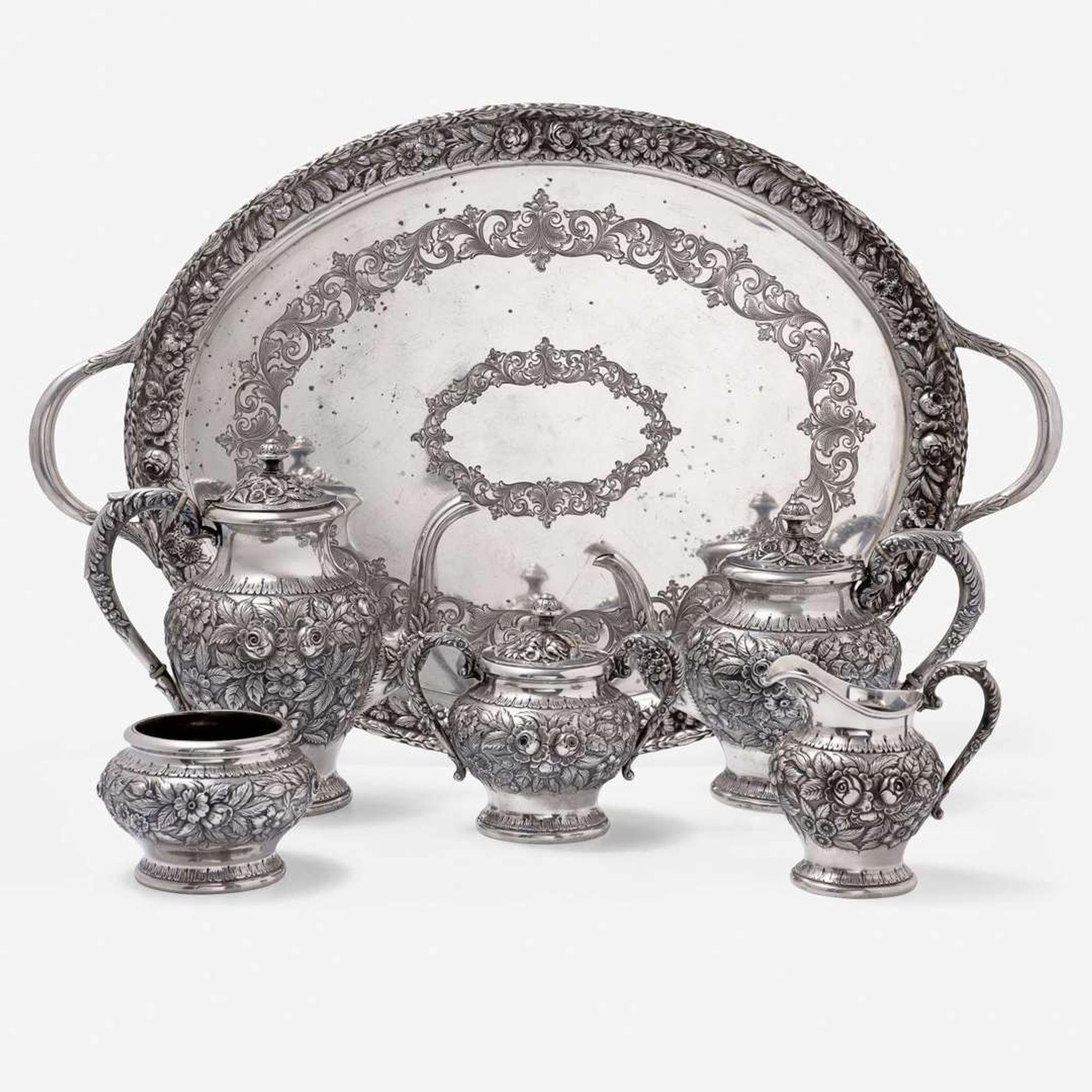 An American Sterling Silver Five-Piece Tea and Coffee Service with Tray S. Kirk & Son, Baltimore, Maryland, late 19th/early 20th century