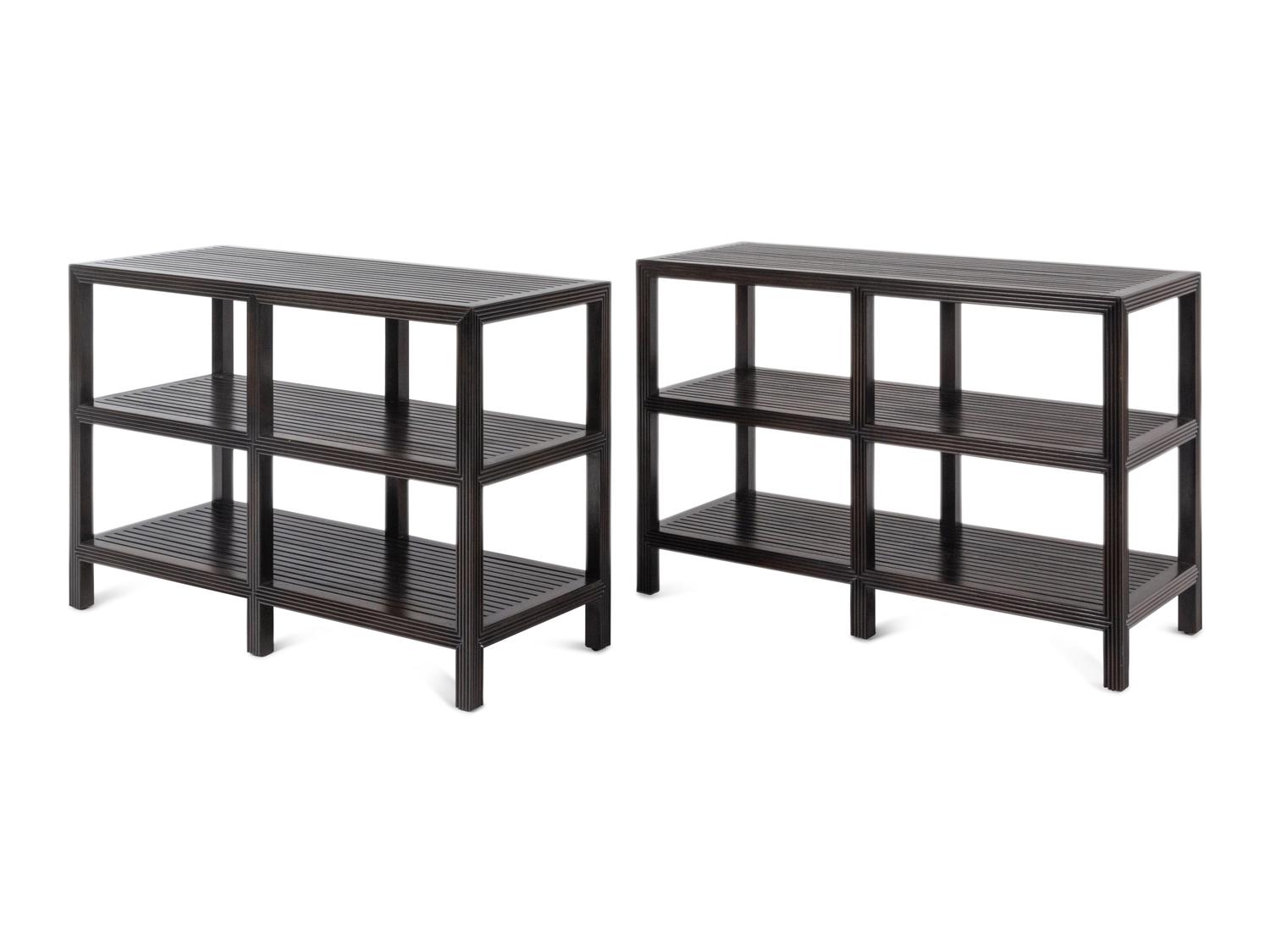A Pair of Contemporary Stained Oak Three-Tier Console Tables