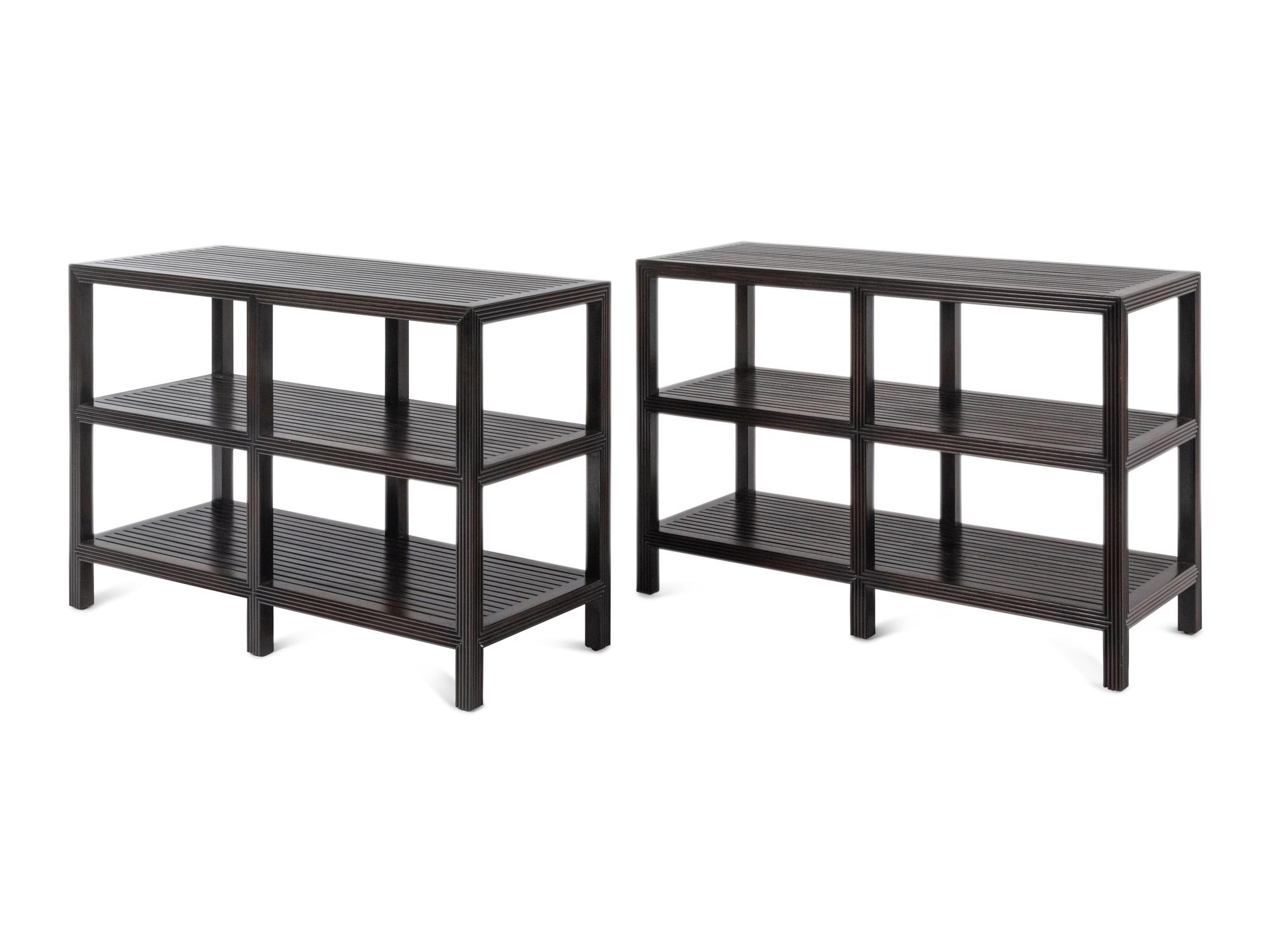 A Pair of Contemporary Stained Oak Three-Tier Console Tables