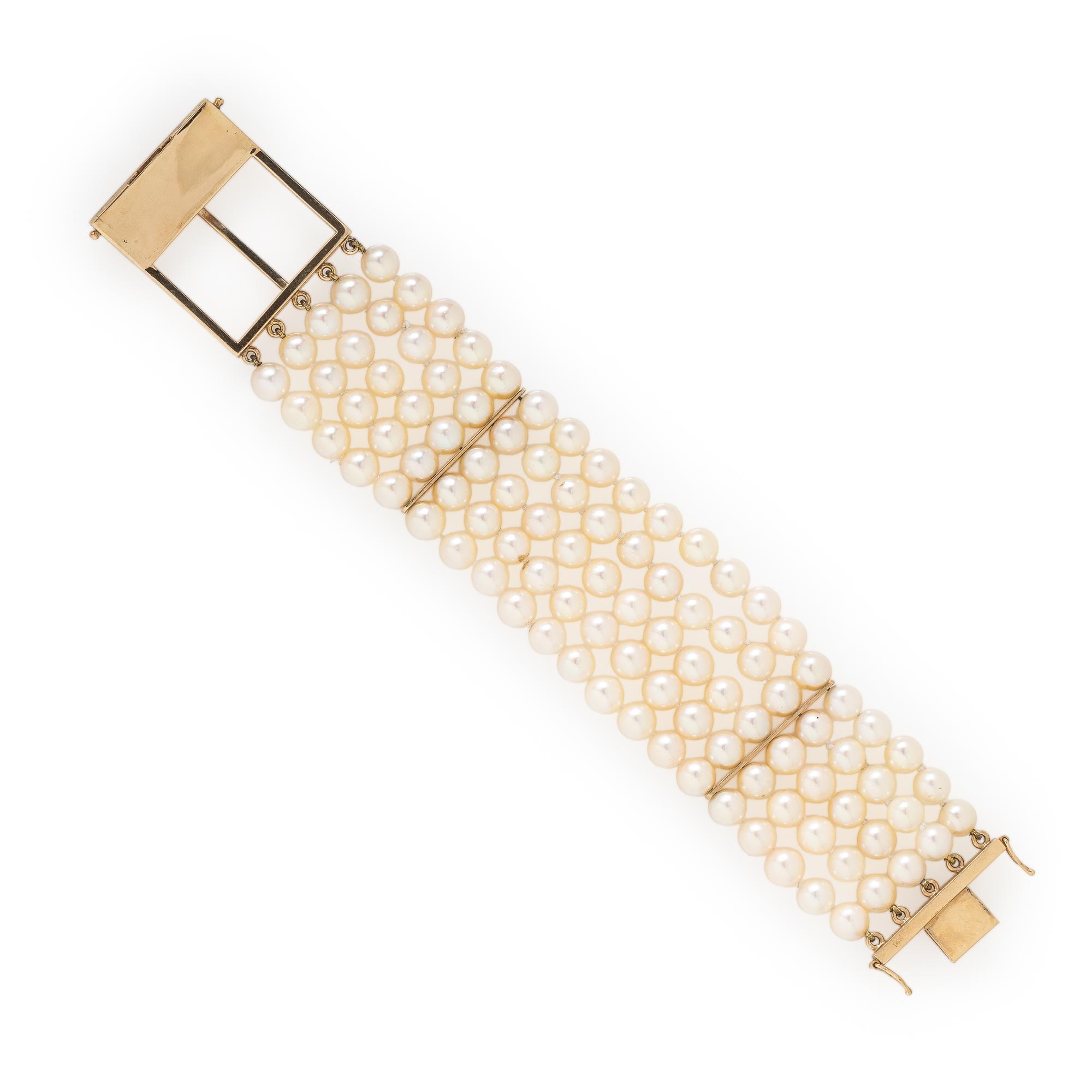 Cultured Pearl and Yellow Gold Buckle Bracelet