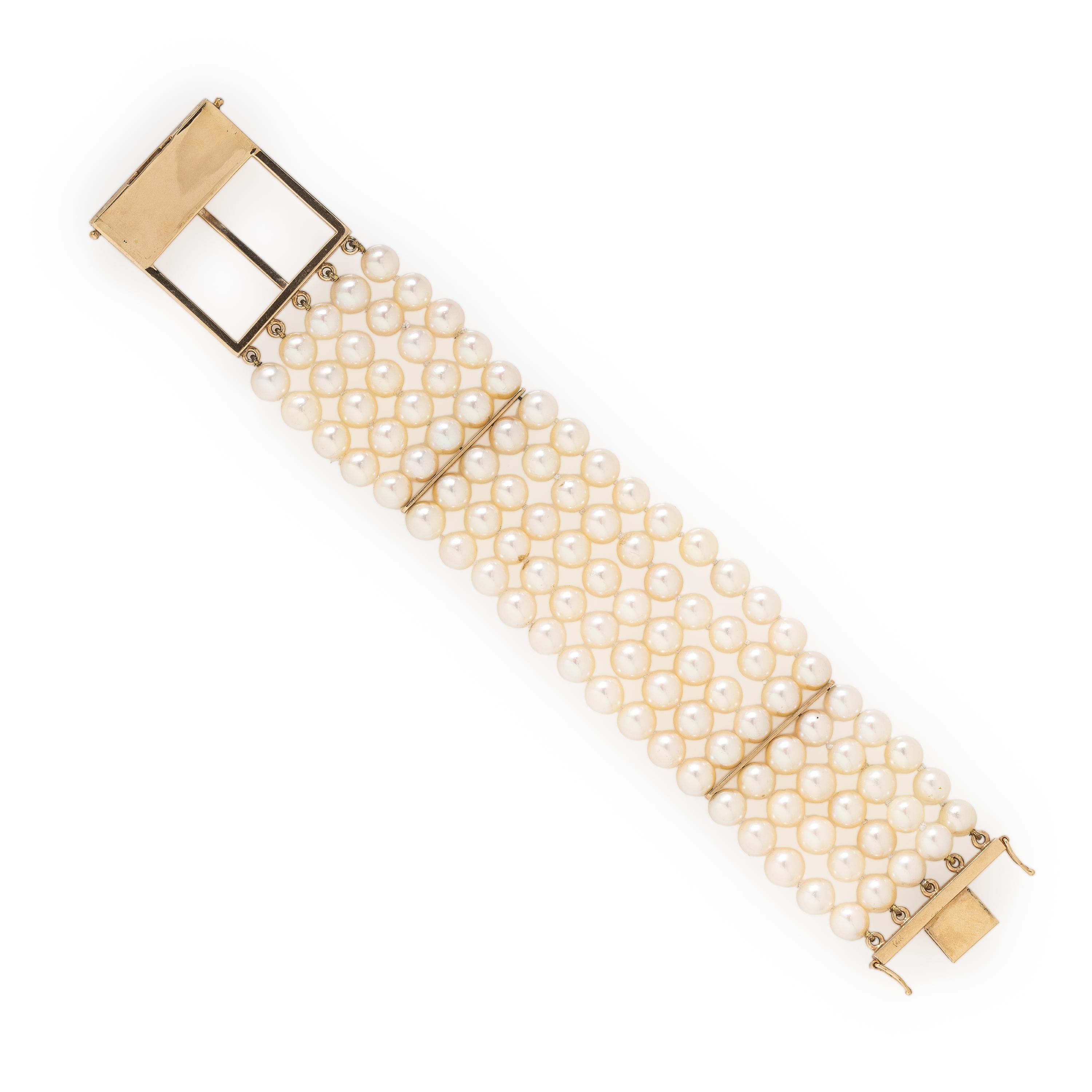 Cultured Pearl and Yellow Gold Buckle Bracelet