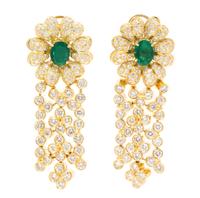 A Pair of 18 Karat Yellow Gold, Diamond and Emerald Floral Motif Earclips, 28.40 dwts.