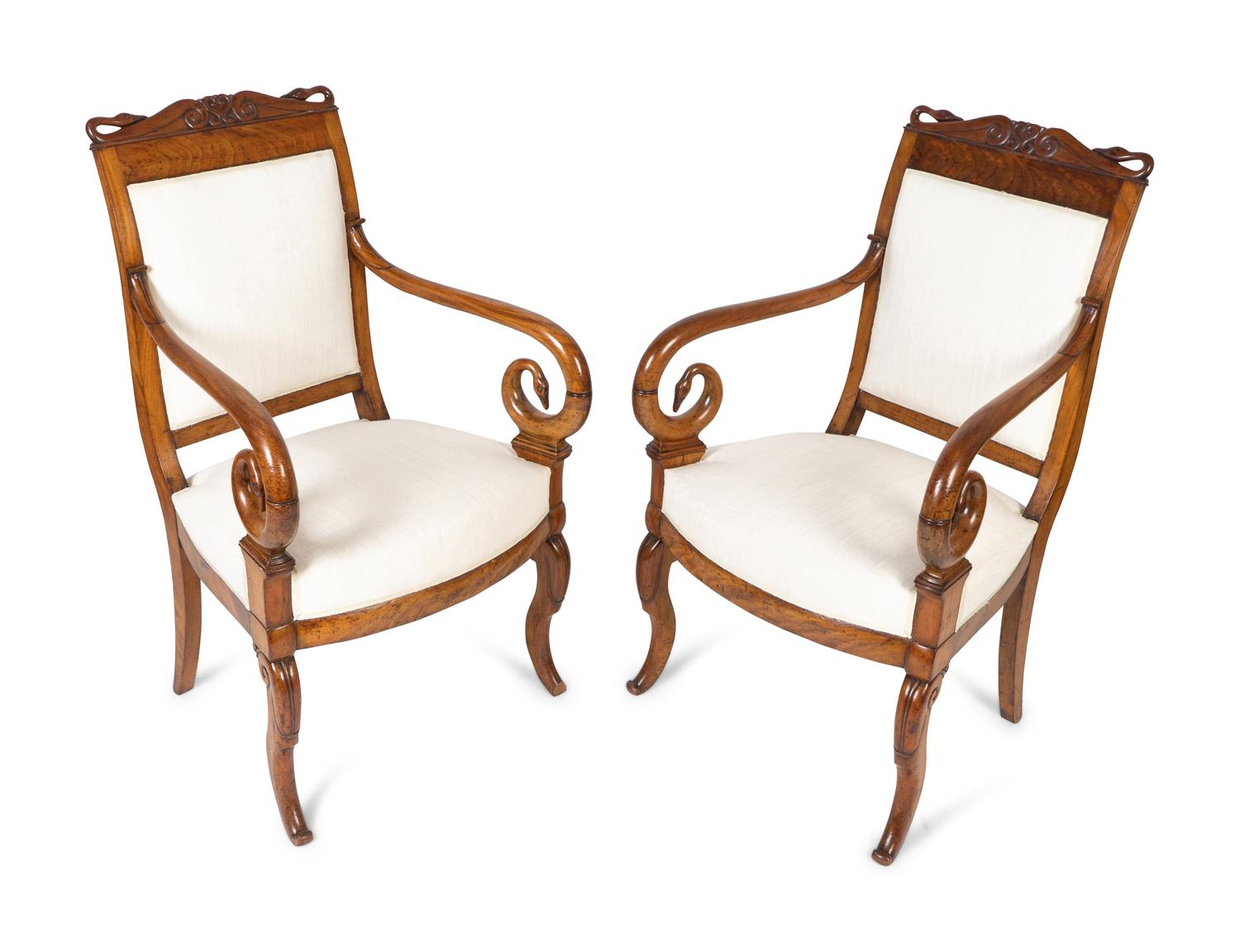 A Pair of Louis Philippe Style Burl Walnut Swan-Crested Fauteuils — 20TH CENTURY