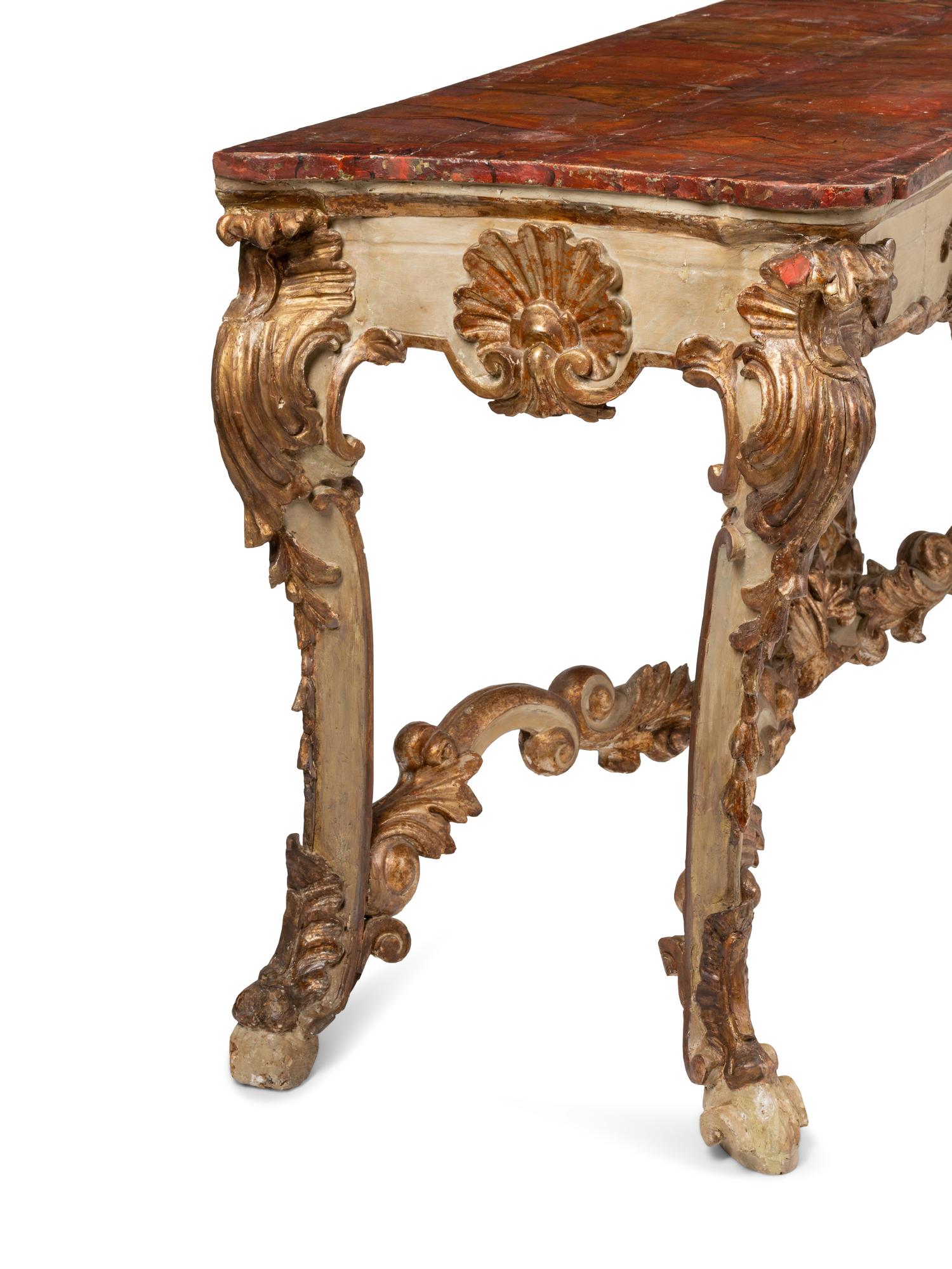 A Pair of Italian Painted and Parcel Gilt Console Tables with Faux Marble Tops
