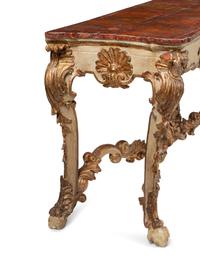 A Pair of Italian Painted and Parcel Gilt Console Tables with Faux Marble Tops