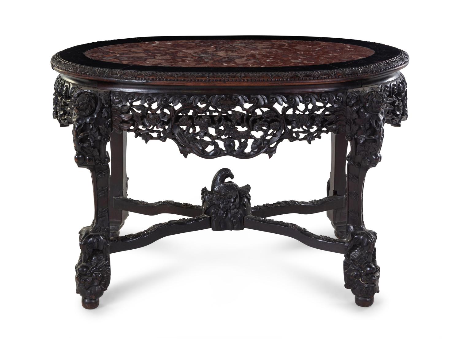 A Chinese Export Carved and Marble Inset Hardwood Table