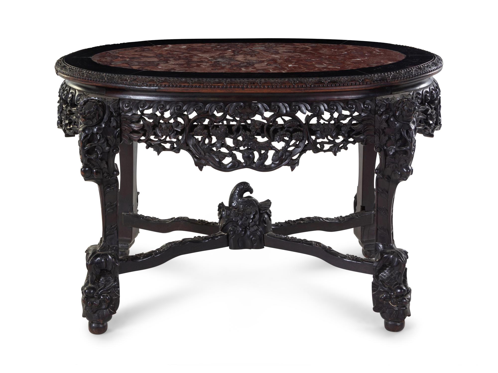 A Chinese Export Carved and Marble Inset Hardwood Table