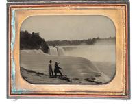 [EARLY PHOTOGRAPHY]. [BABBIT, Platt D. (1823-1879), attributed]. Whole plate ambrotype featuring two men surveying Niagara Falls from Prospect Point. Ca 1850s.