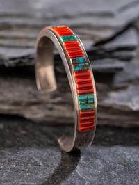 Sterling Silver Cuff Bracelet, with Turquoise and Coral Cobblestone Inlay
