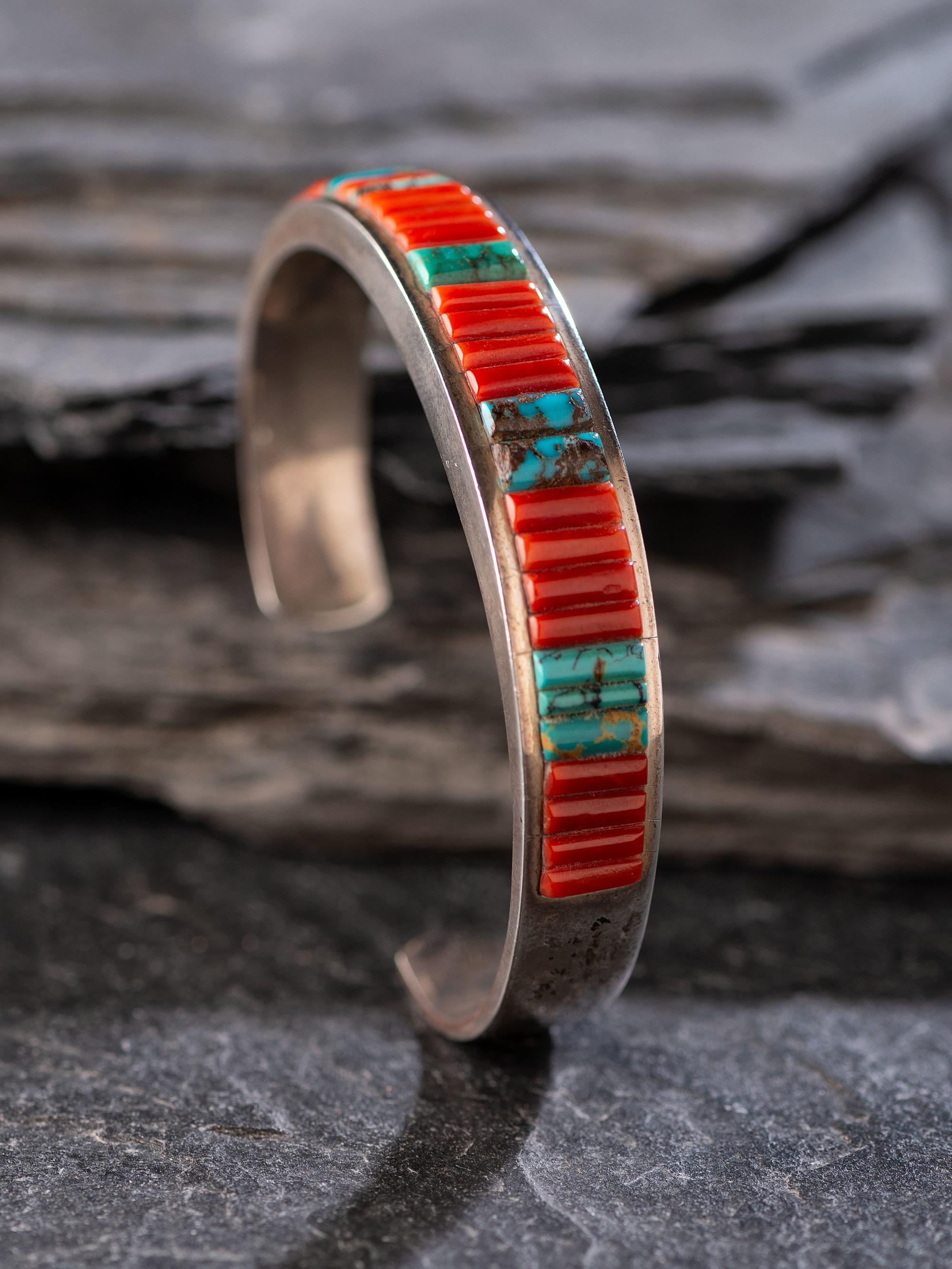 Sterling Silver Cuff Bracelet, with Turquoise and Coral Cobblestone Inlay