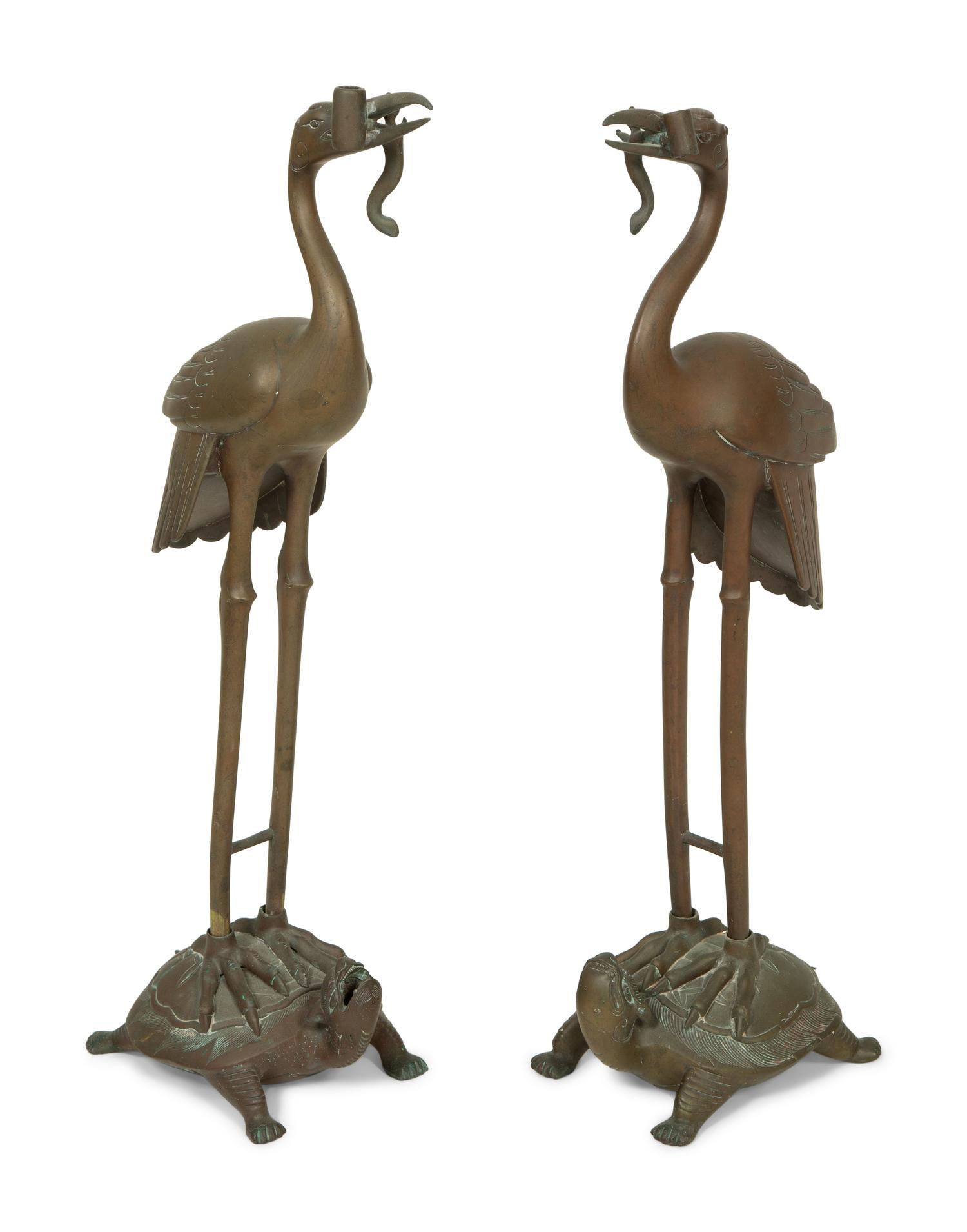 A Pair of Chinese Gilt Metal Figures of Cranes Standing on Turtles — 20TH CENTURY