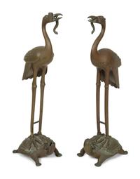 A Pair of Chinese Gilt Metal Figures of Cranes Standing on Turtles — 20TH CENTURY