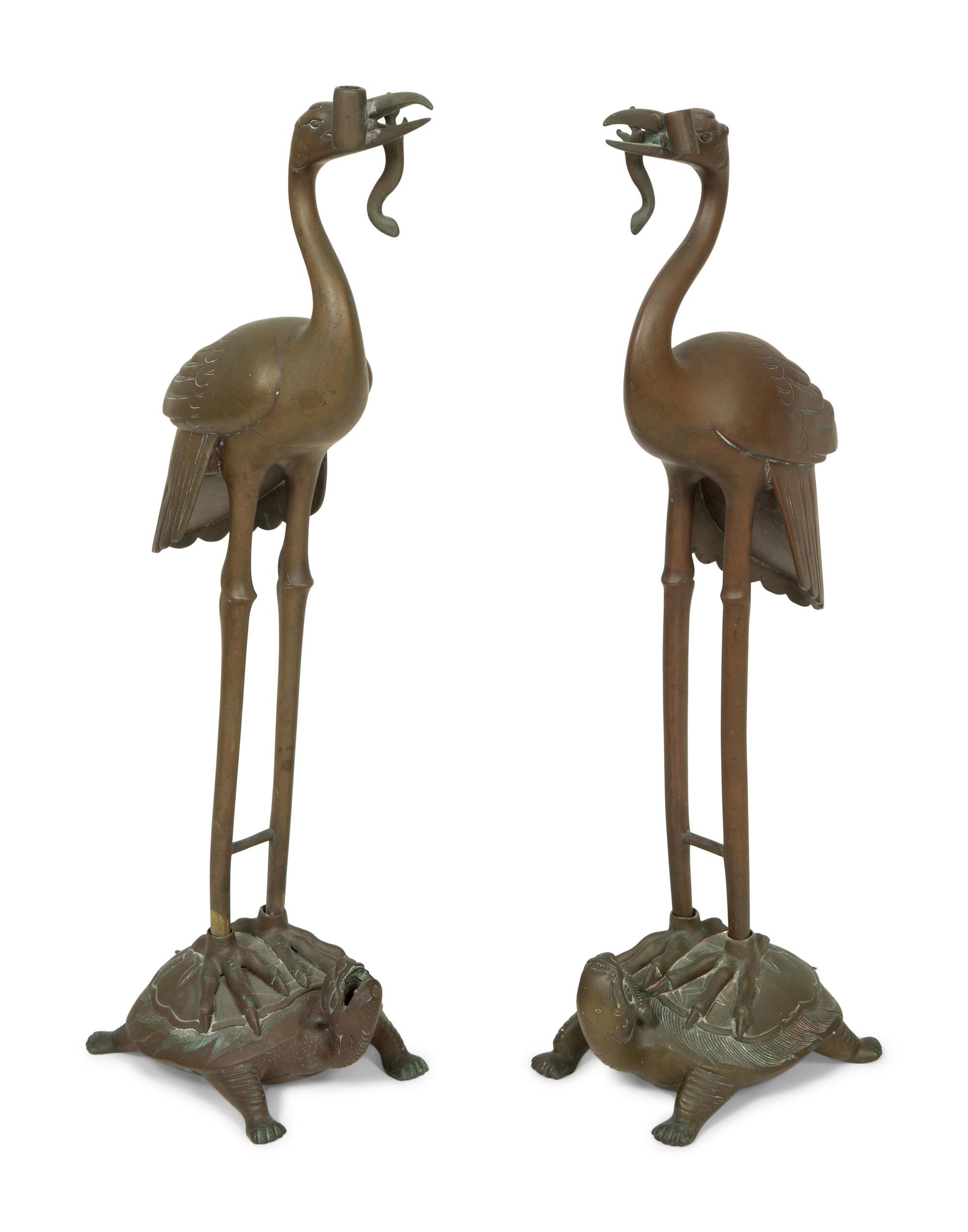 A Pair of Chinese Gilt Metal Figures of Cranes Standing on Turtles — 20TH CENTURY