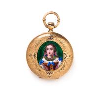 GILT-METAL, ENAMEL AND DIAMOND HUNTER CASE POCKET WATCH