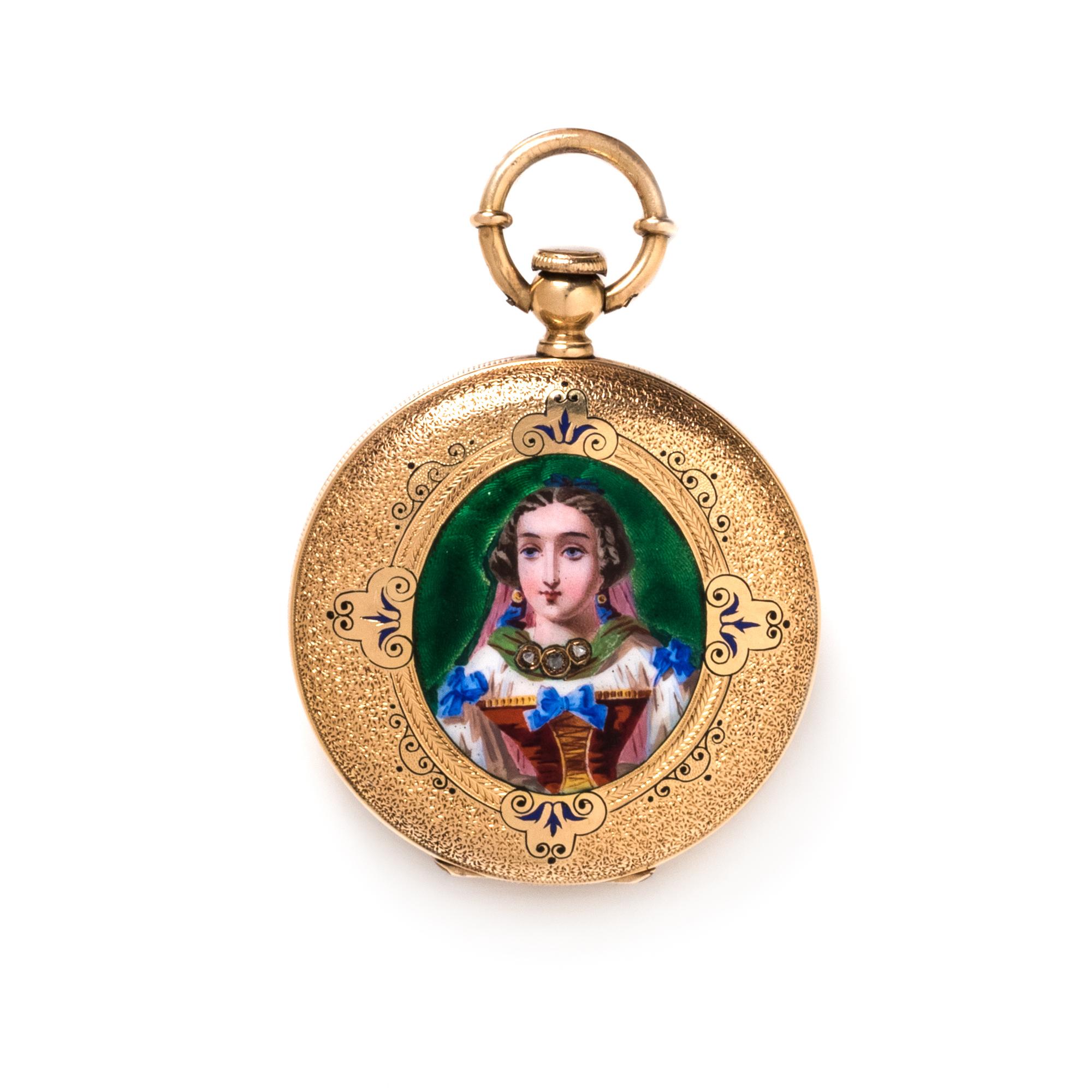 GILT-METAL, ENAMEL AND DIAMOND HUNTER CASE POCKET WATCH