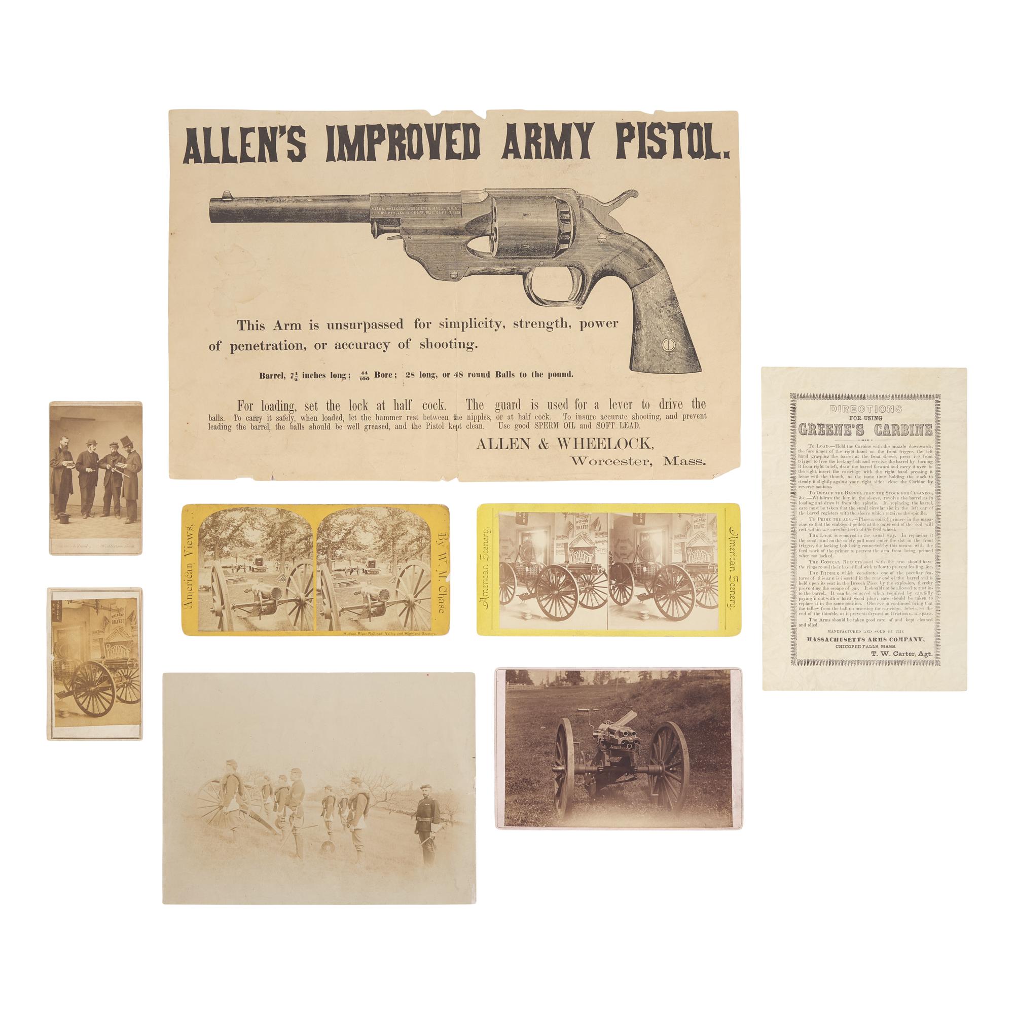 [Civil War] G roup of 8 photographs and imprints, including views of the Gatling Gun and gunmakers