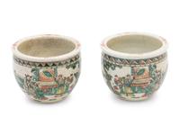 A Pair of Small Chinese Crackle Glazed Sancai Porcelain Fish Bowls and A Famille Rose Porcelain Planter