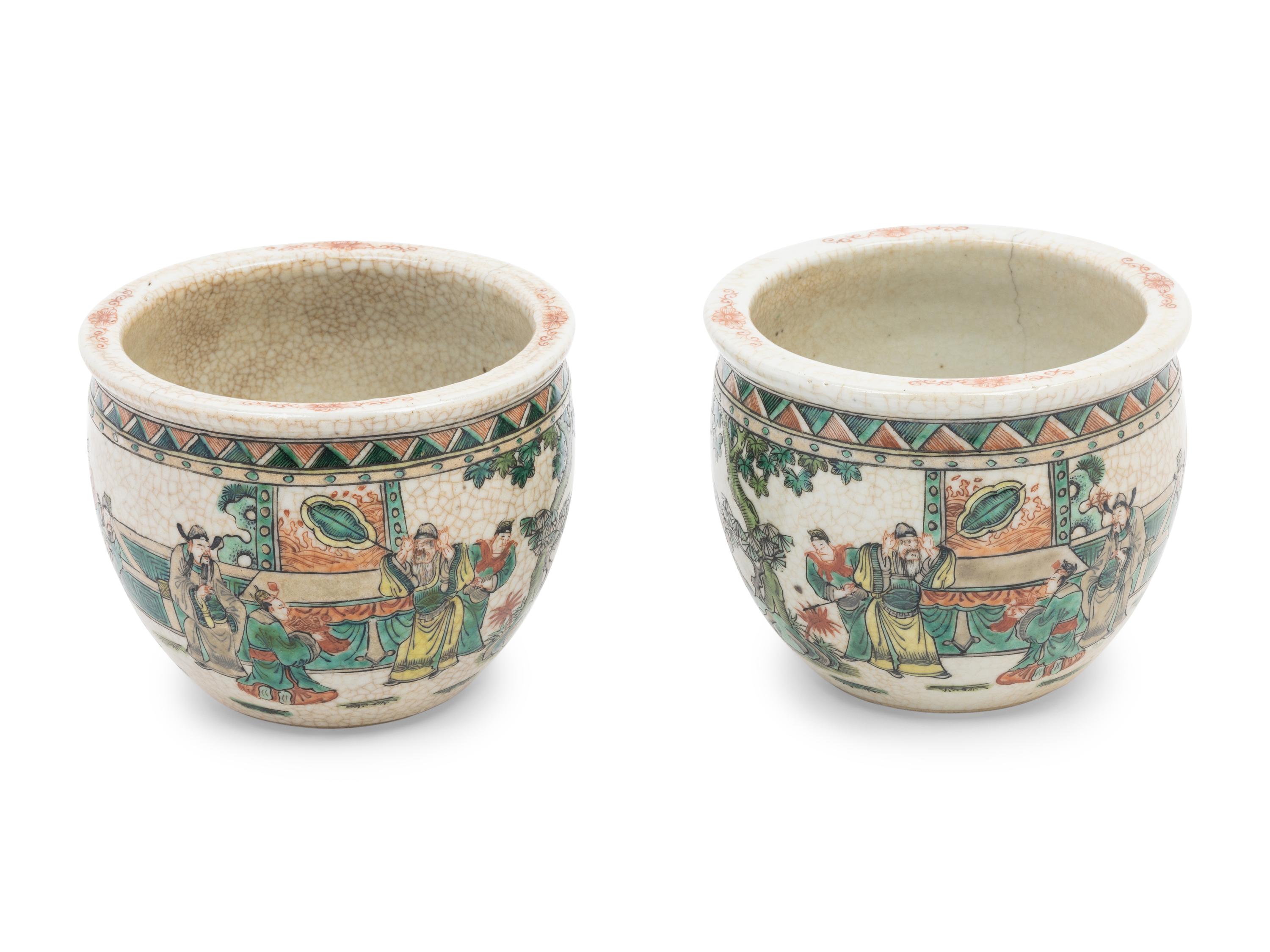 A Pair of Small Chinese Crackle Glazed Sancai Porcelain Fish Bowls and A Famille Rose Porcelain Planter