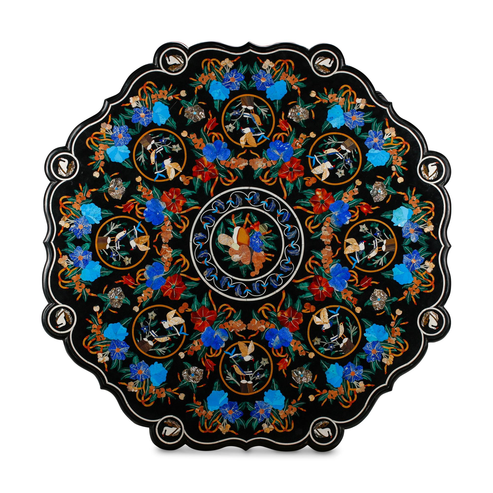 A Large Italian Pietra Dura Table Top on a Bronze Base