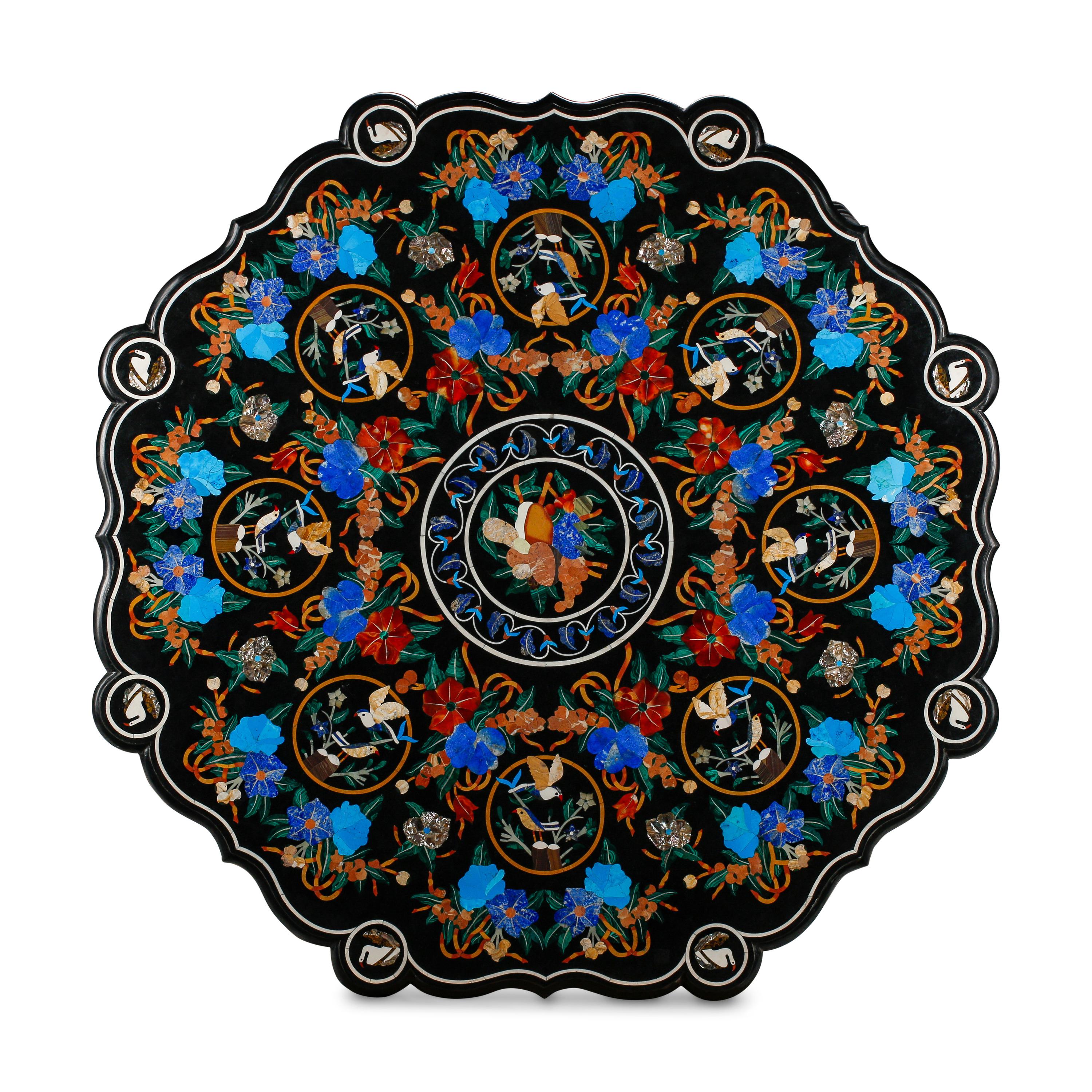 A Large Italian Pietra Dura Table Top on a Bronze Base