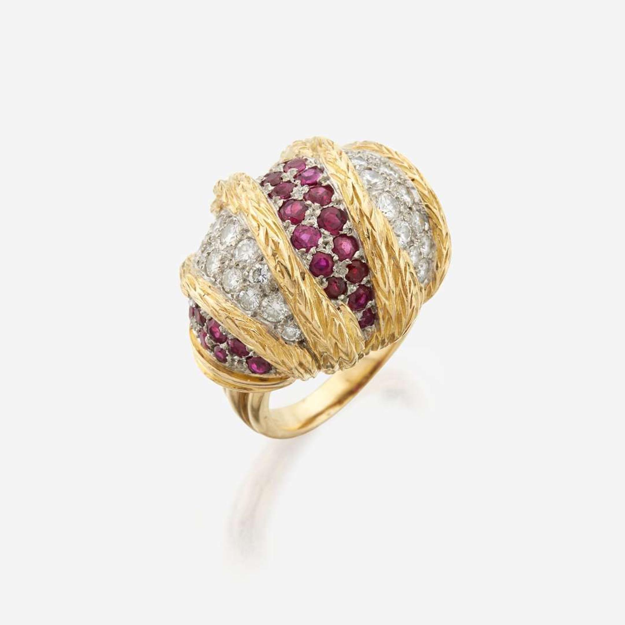 A gold, diamond, and ruby ring