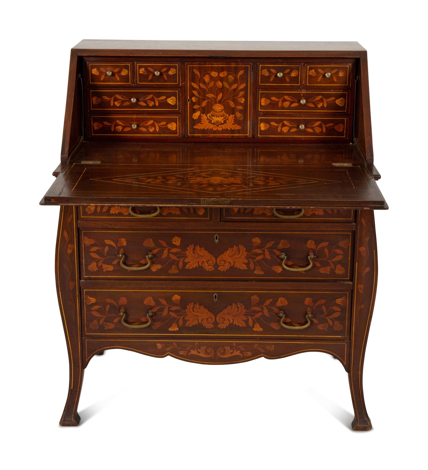 A Dutch Rococo Style Marquetry Slant-Front Bureau and Matching Chair