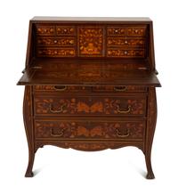 A Dutch Rococo Style Marquetry Slant-Front Bureau and Matching Chair