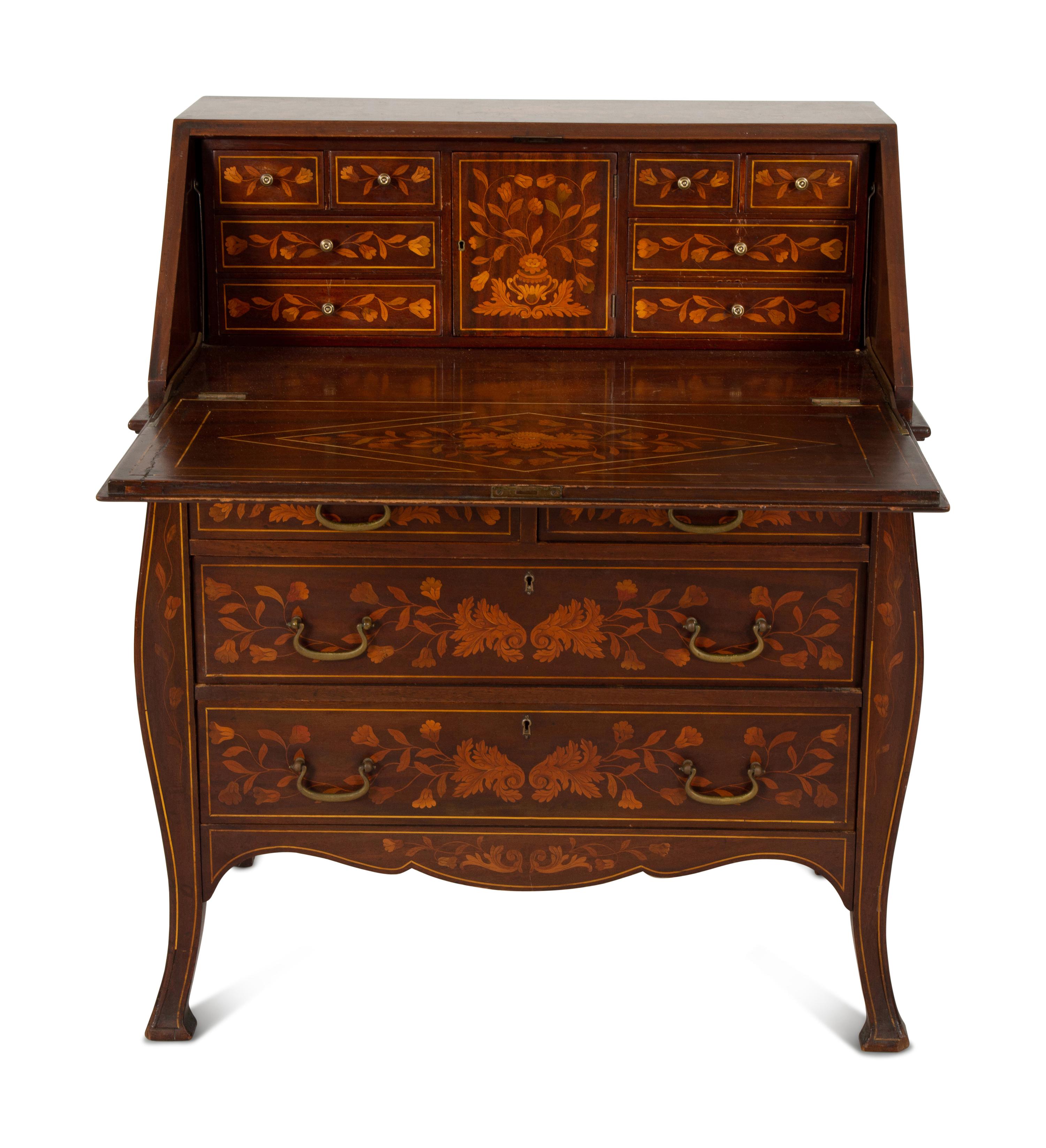 A Dutch Rococo Style Marquetry Slant-Front Bureau and Matching Chair