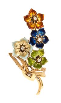 An 18 Karat Yellow Gold, Diamond and Polychrome Enamel Floral Motif Brooch, Italy, 8.90 dwts.