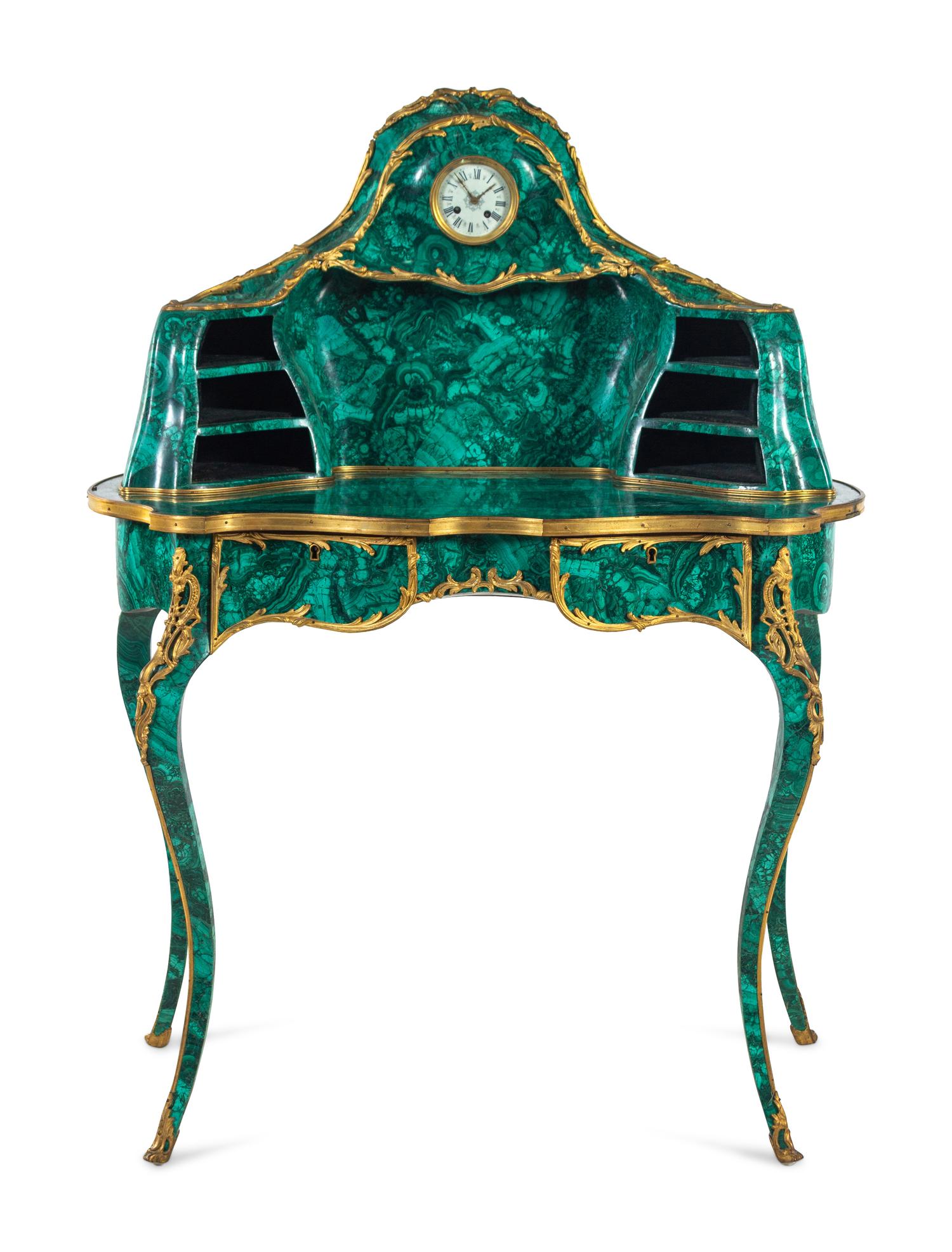 A Louis XV Style Gilt Bronze Mounted Malachite Bureau de Dame