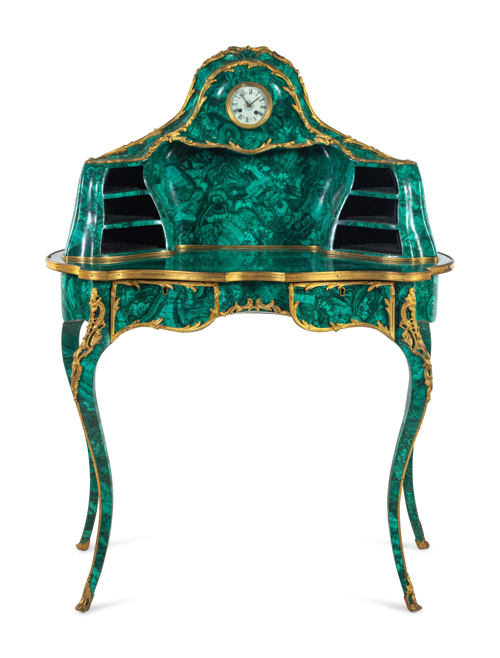A Louis XV Style Gilt Bronze Mounted Malachite Bureau de Dame