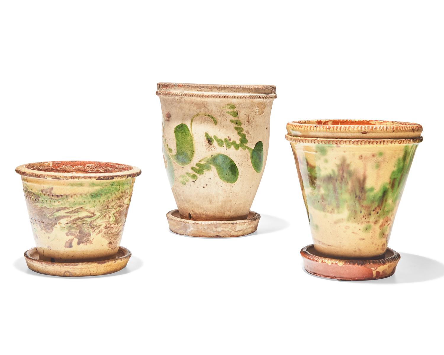 Three Shenandoah Valley Glazed Redware Flower Pots, Attributed to S. Bell & Sons or J. Eberly & Co., Strasburg, Virginia, Circa 1890