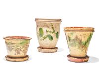 Three Shenandoah Valley Glazed Redware Flower Pots, Attributed to S. Bell & Sons or J. Eberly & Co., Strasburg, Virginia, Circa 1890