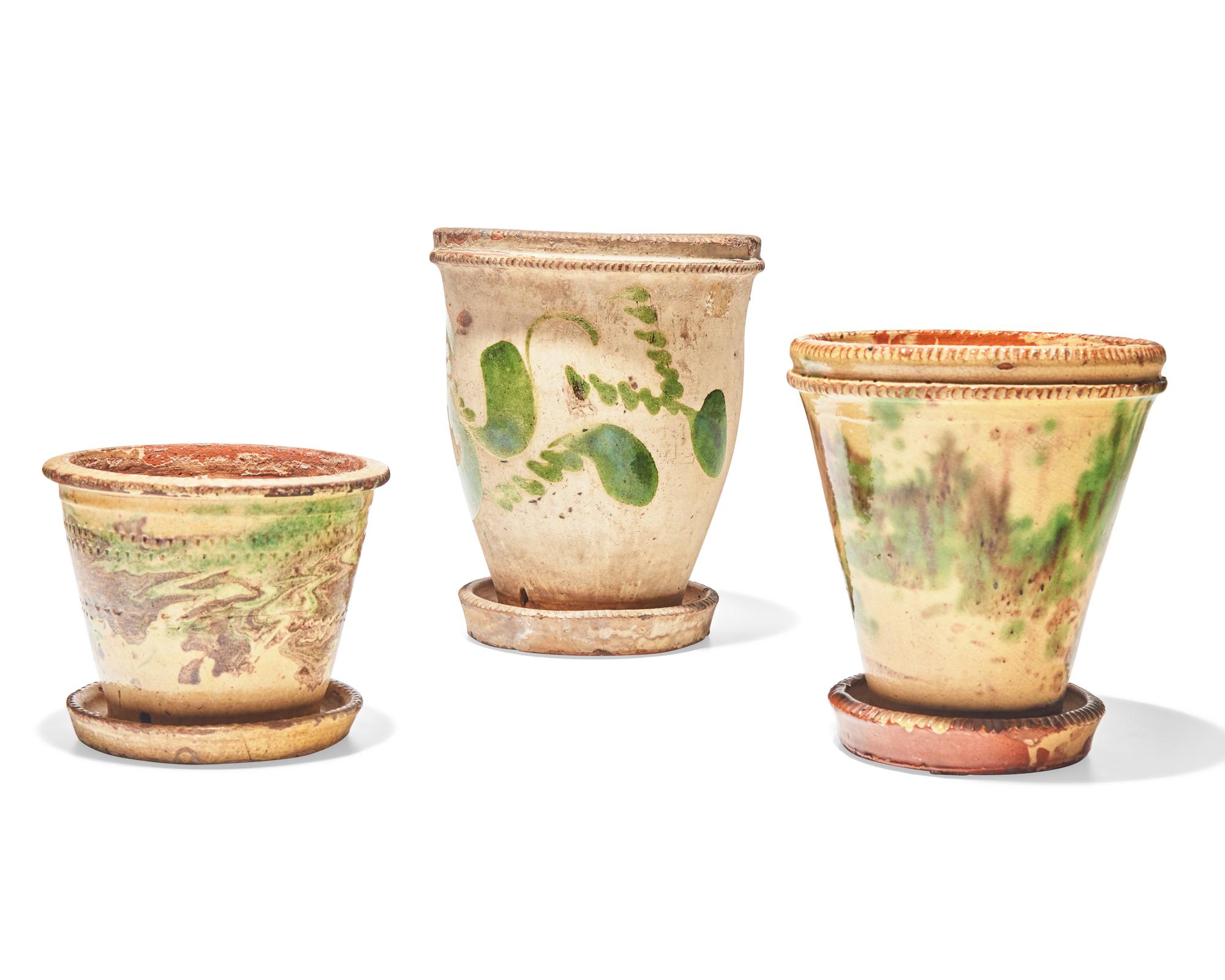 Three Shenandoah Valley Glazed Redware Flower Pots, Attributed to S. Bell & Sons or J. Eberly & Co., Strasburg, Virginia, Circa 1890
