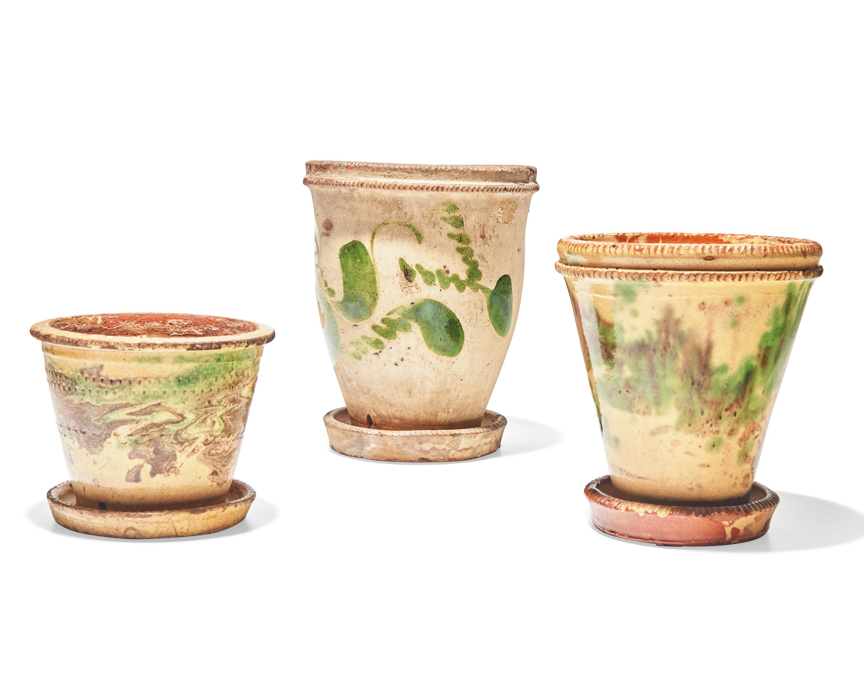 Three Shenandoah Valley Glazed Redware Flower Pots, Attributed to S. Bell & Sons or J. Eberly & Co., Strasburg, Virginia, Circa 1890