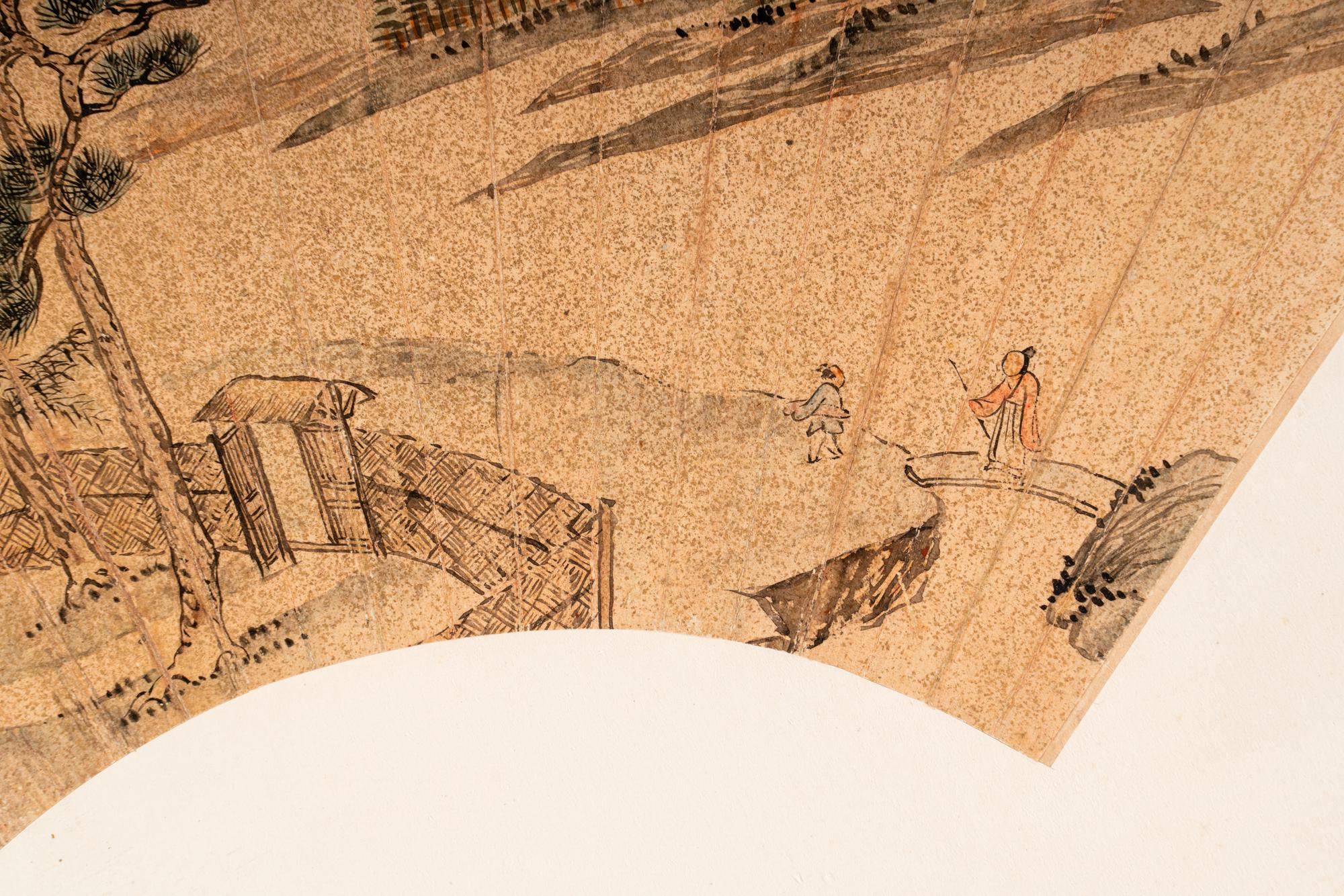 Eight Chinese Folding Fan Leaves Depicting Landscape and Flowers