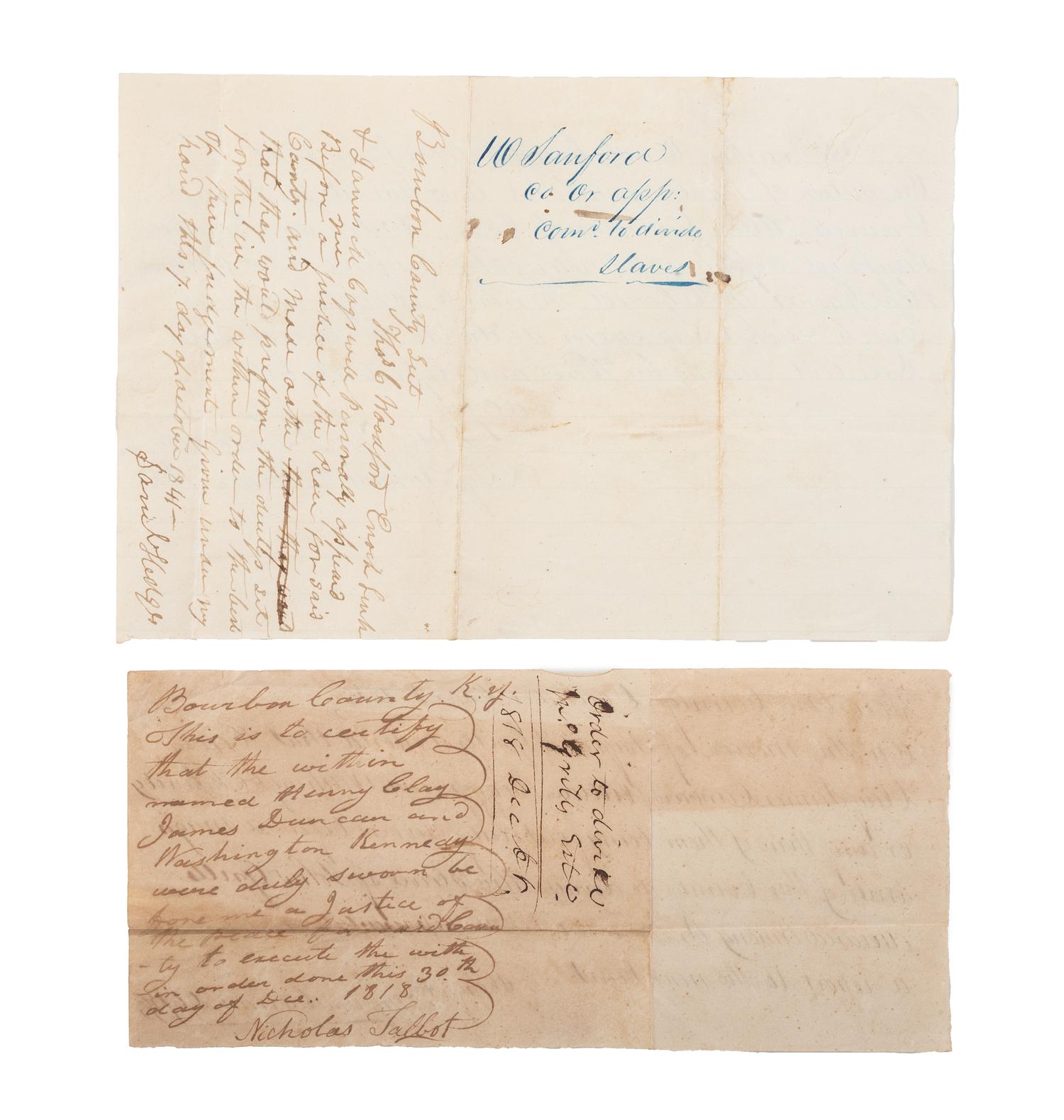 [SLAVERY & ABOLITION]. A group of 9 documents related to the enslavement of individuals in Bourbon County, Kentucky, incl. estate appraisement of a horse breeder who enslaved six people.
