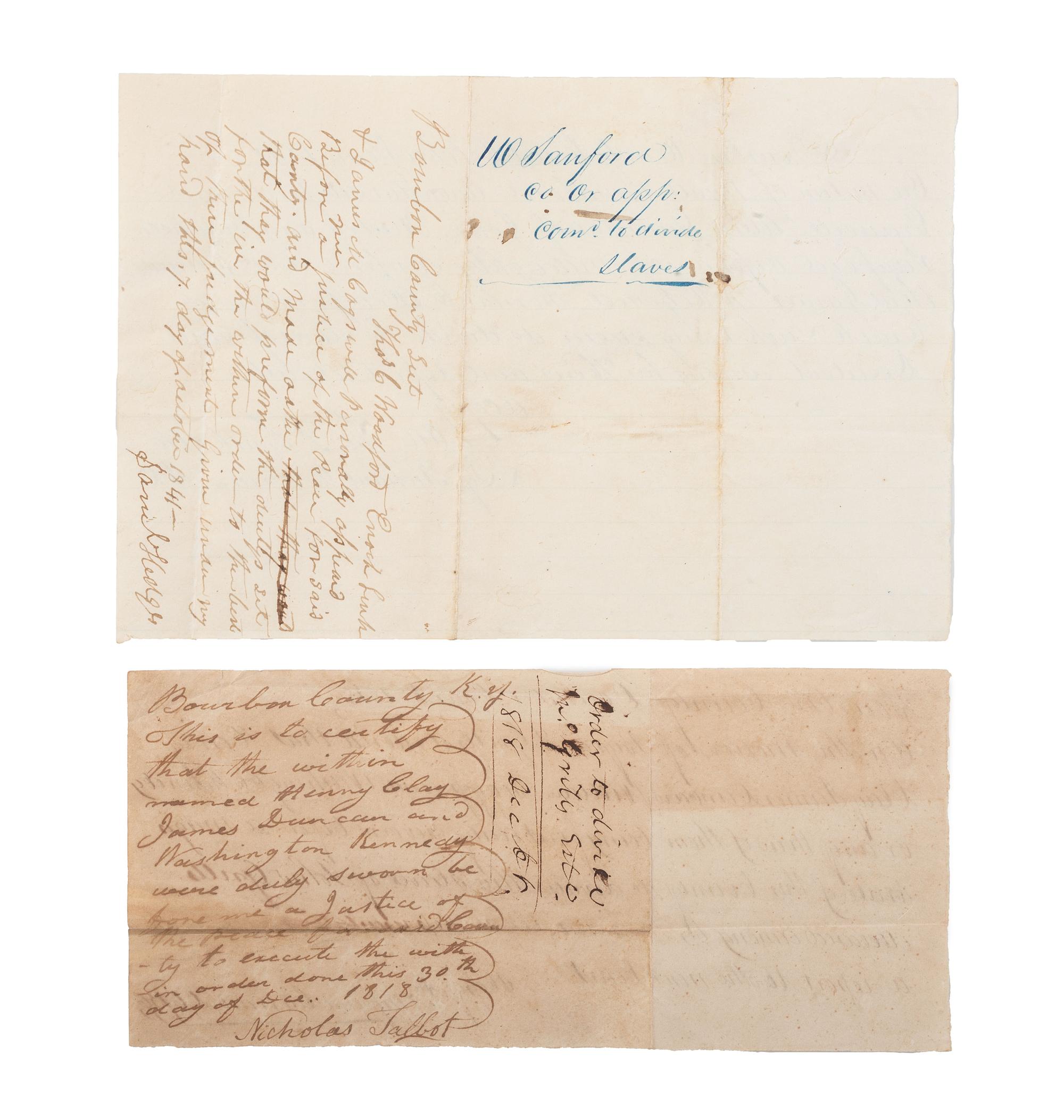 [SLAVERY & ABOLITION]. A group of 9 documents related to the enslavement of individuals in Bourbon County, Kentucky, incl. estate appraisement of a horse breeder who enslaved six people.