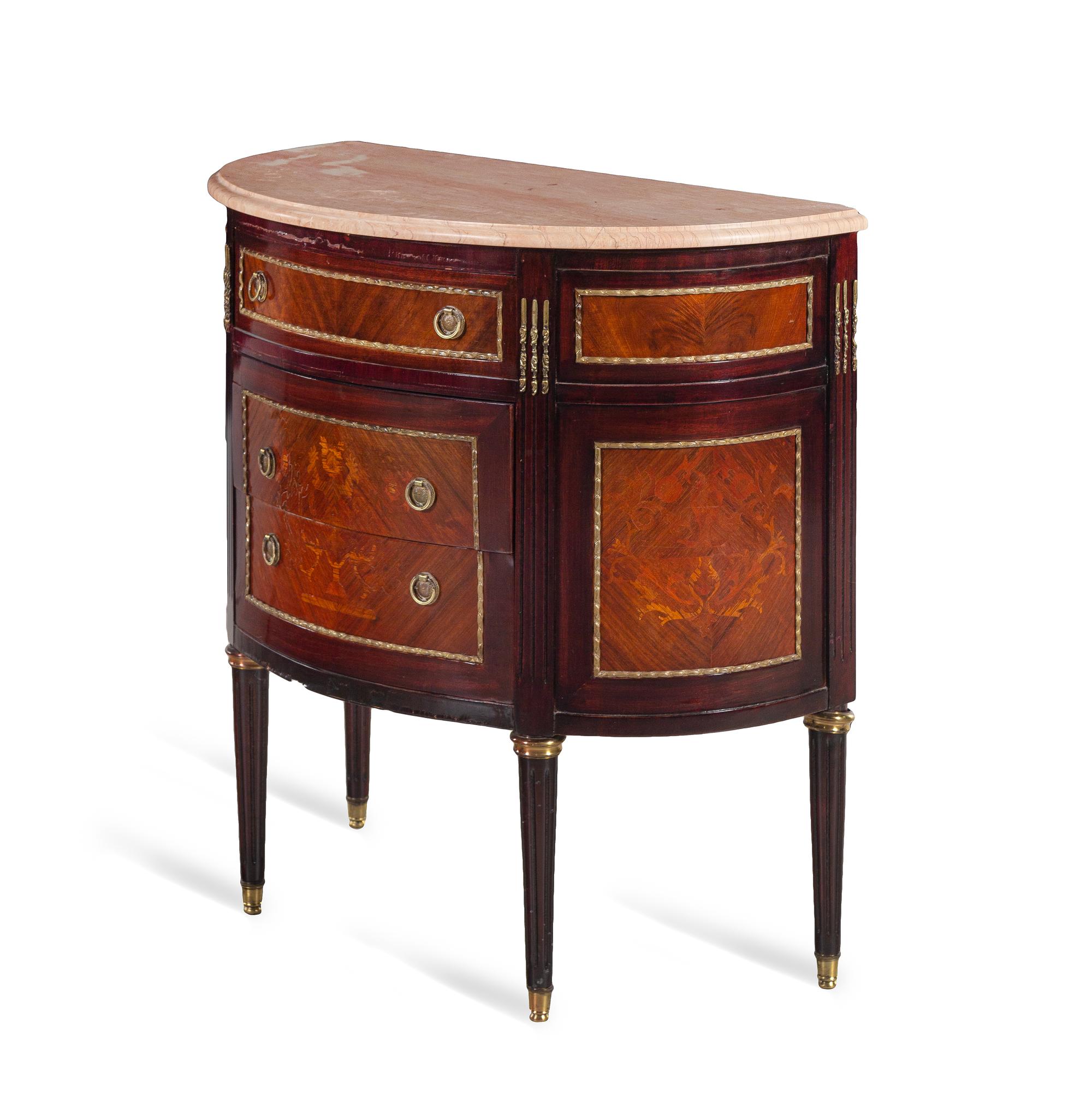 A Louis XVI Style Marquetry Marble-Top Demilune Console Cabinet