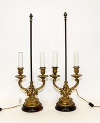 A Pair of Louis XVI Style Gilt Bronze Two-Light Candelabra Mounted as Lamps. Height 24 inches.
