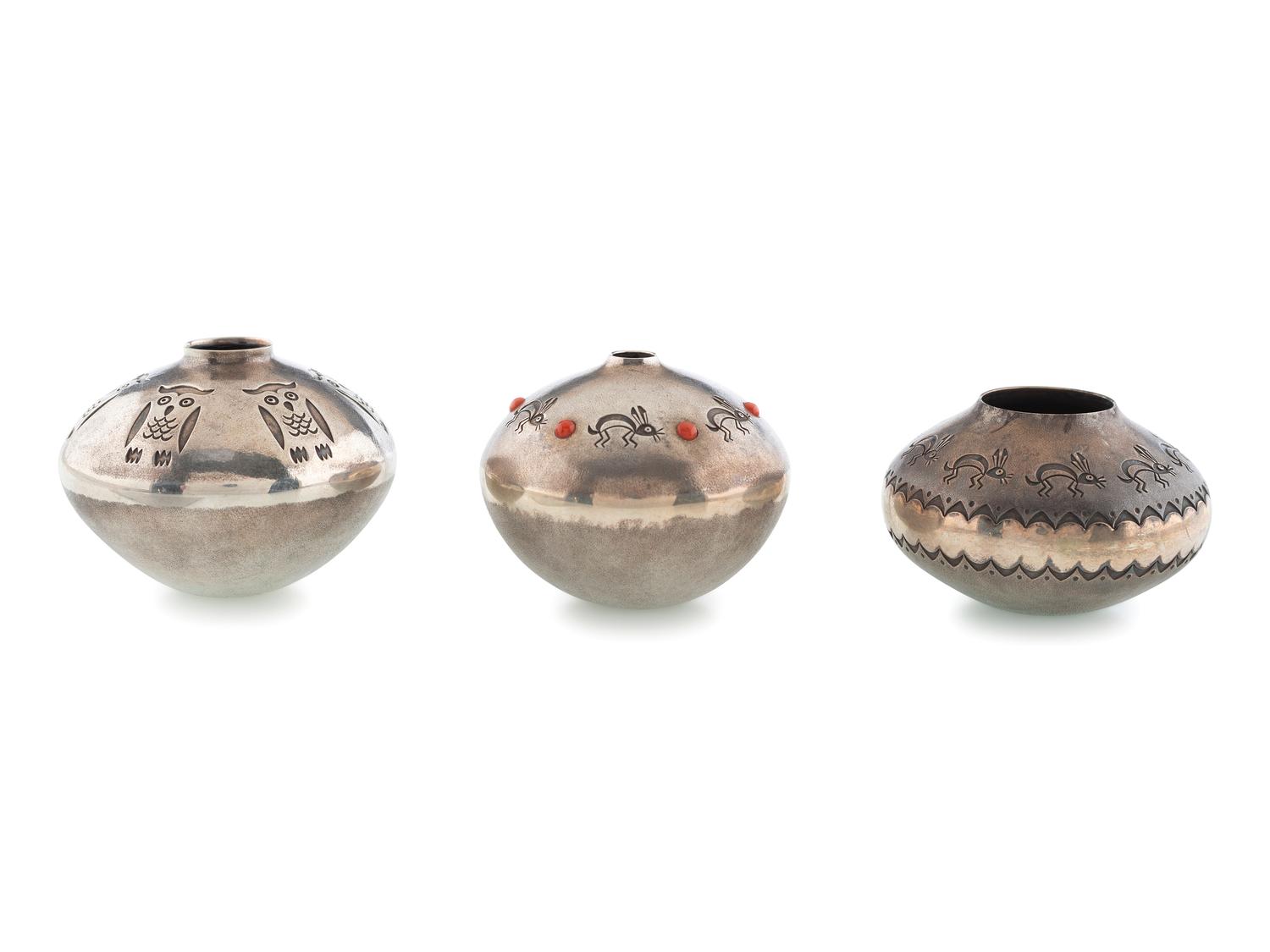 Group of Silver Seed Jars, with Owls and Rabbits