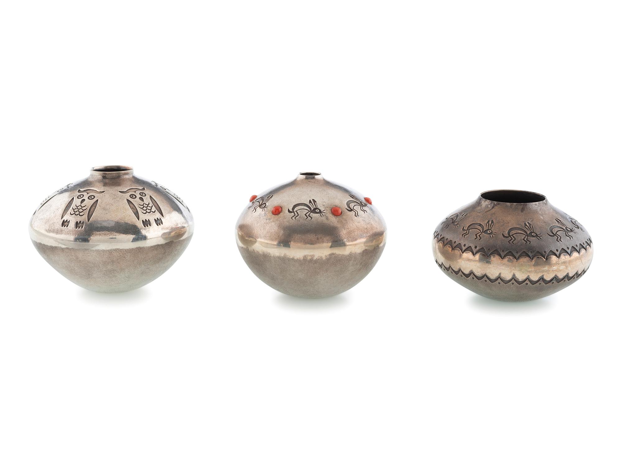 Group of Silver Seed Jars, with Owls and Rabbits